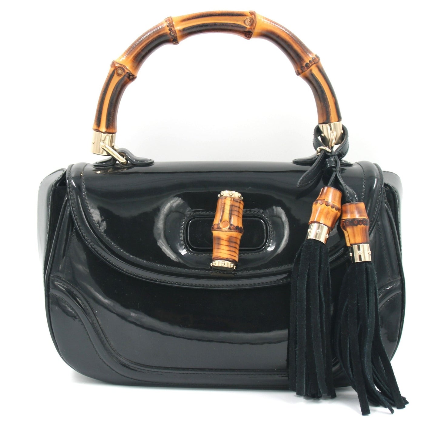 GUCCI Black Patent Leather New Bamboo Top Handle Bag