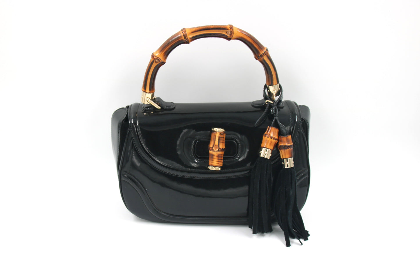 GUCCI Black Patent Leather New Bamboo Top Handle Bag