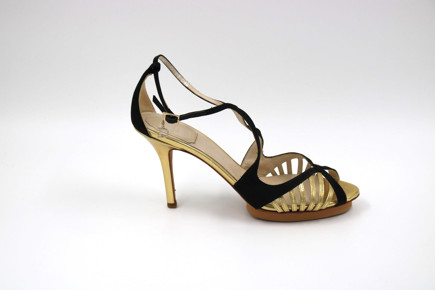 CHRISTIAN DIOR Black and Gold High Heel Leather Sandal