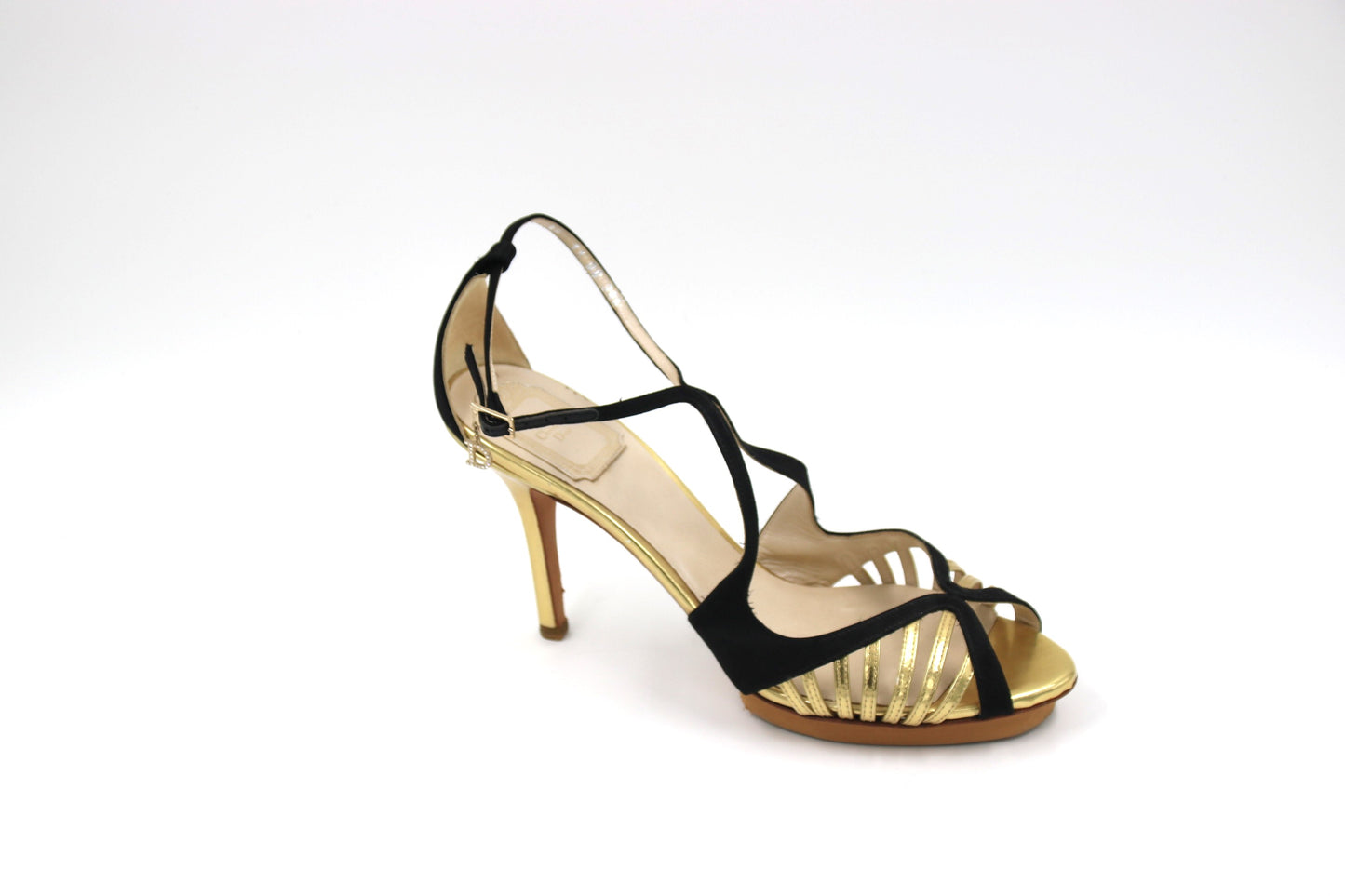 CHRISTIAN DIOR Black and Gold High Heel Leather Sandal