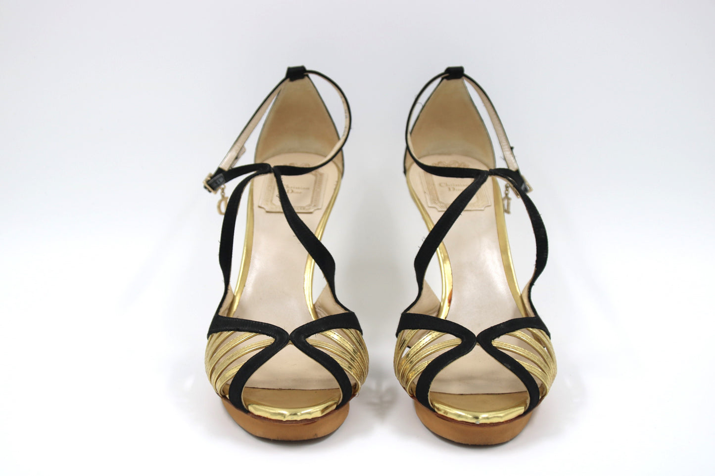 CHRISTIAN DIOR Black and Gold High Heel Leather Sandal