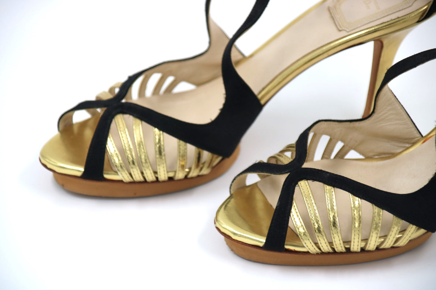 CHRISTIAN DIOR Black and Gold High Heel Leather Sandal