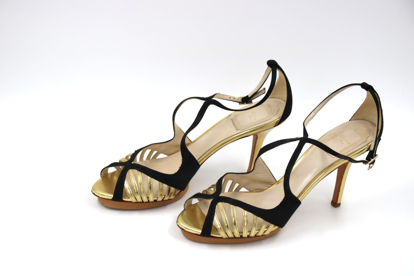 CHRISTIAN DIOR Black and Gold High Heel Leather Sandal