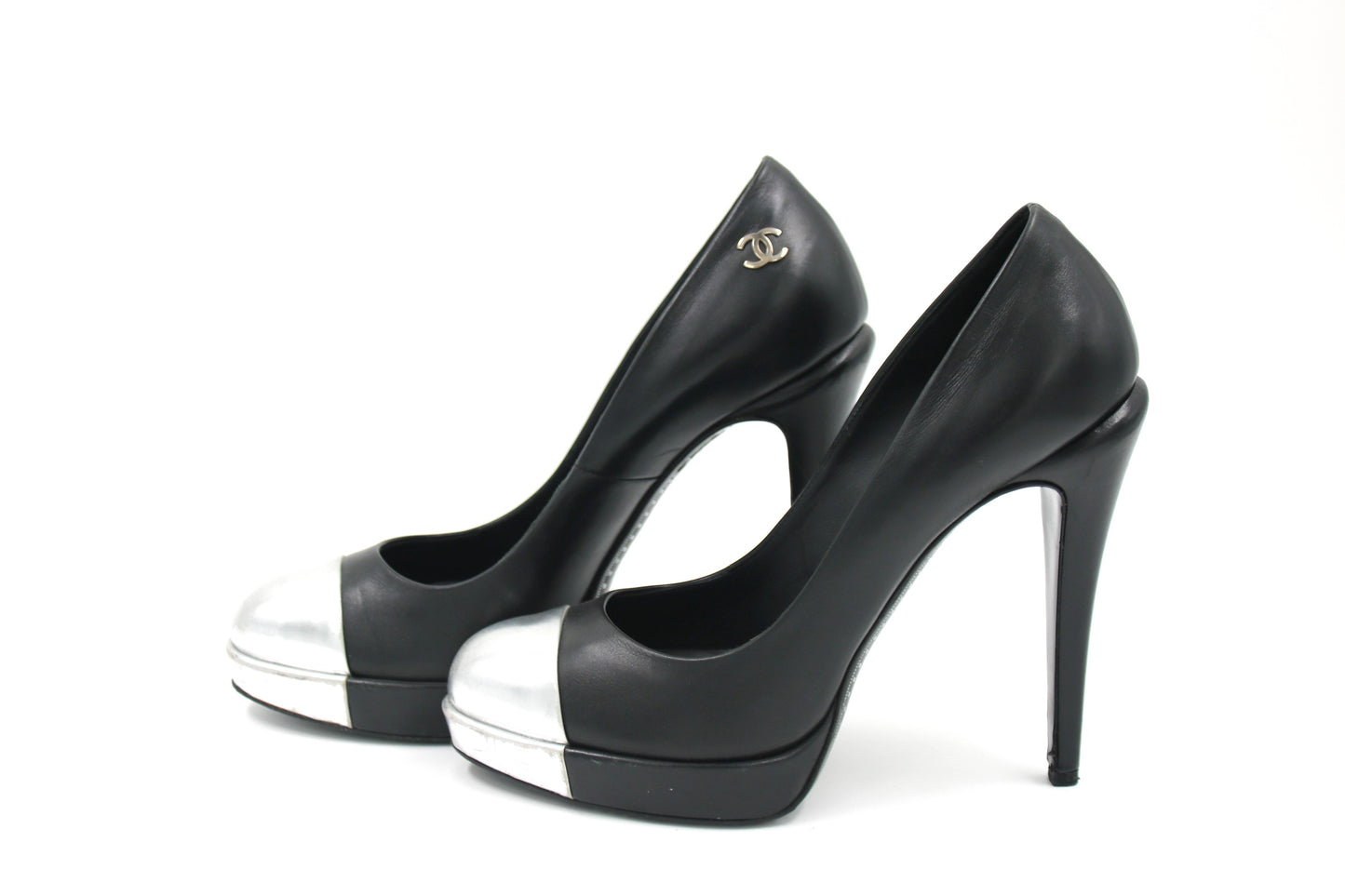 CHANEL Black Leather Silver Cap- Toe Pumps