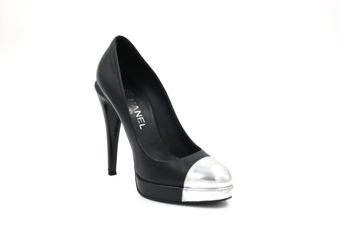 CHANEL Black Leather Silver Cap- Toe Pumps