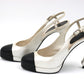 CHANEL White & Black Leather CC Pearl Pump Heels