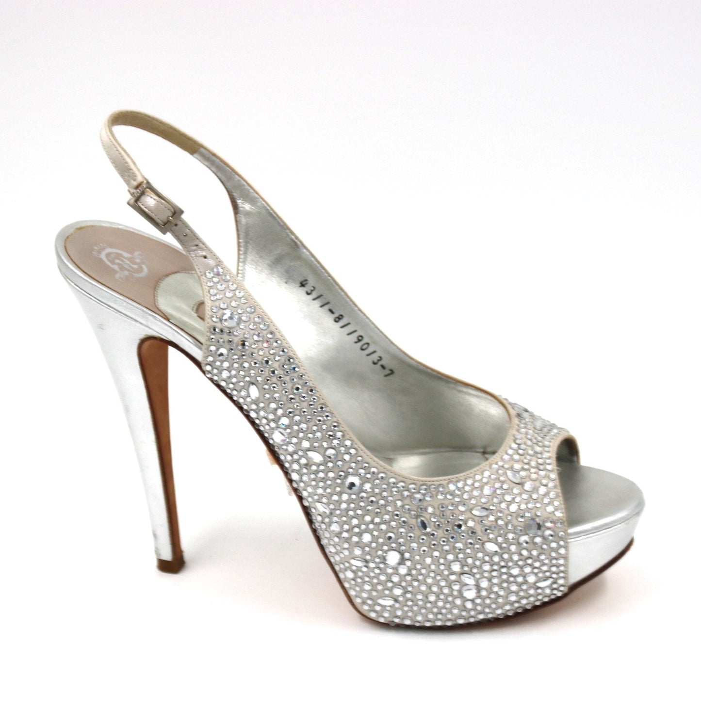 GINA Silver Satin Crystal Embellished Peep Toe Platform Slingback Sandals Size 7 UK