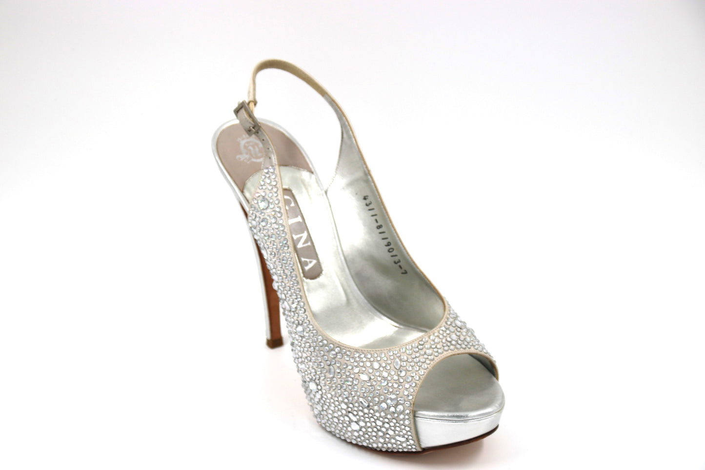 GINA Silver Satin Crystal Embellished Peep Toe Platform Slingback Sandals Size 7 UK