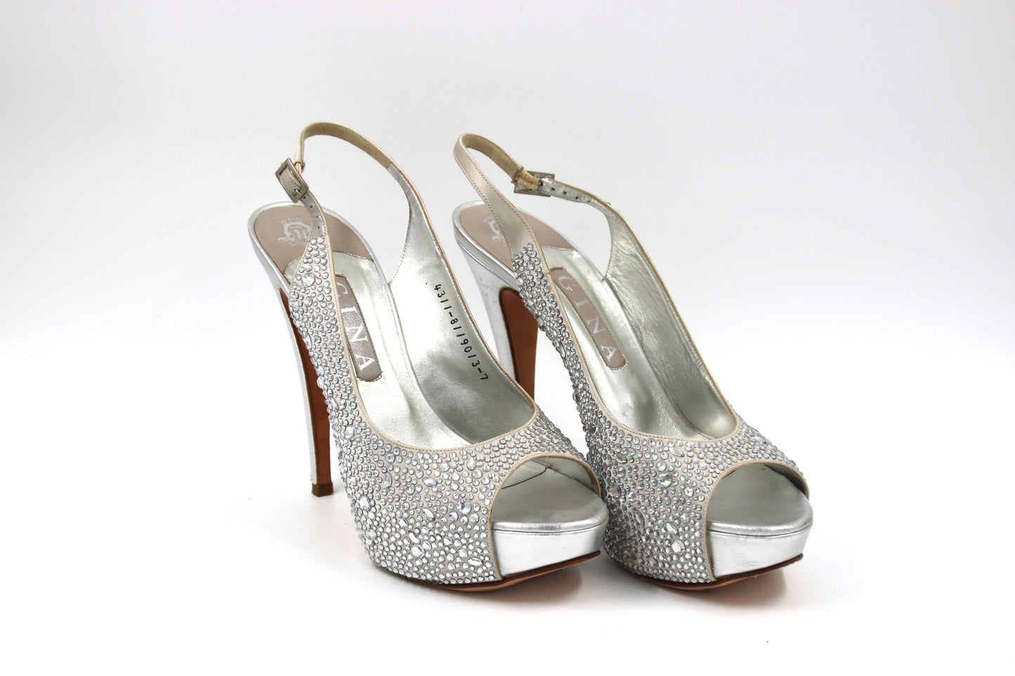 GINA Silver Satin Crystal Embellished Peep Toe Platform Slingback Sandals Size 7 UK