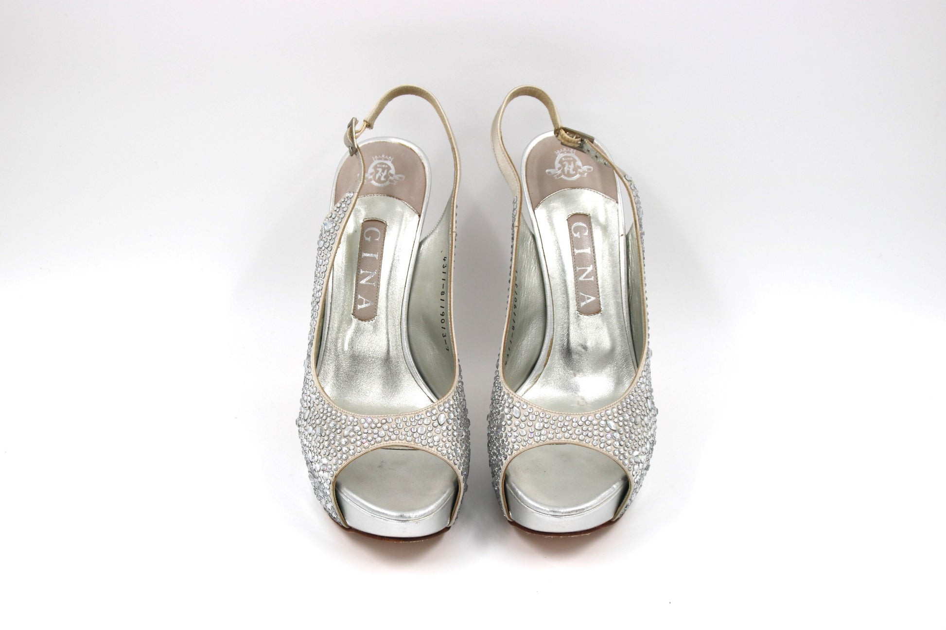GINA Silver Satin Crystal Embellished Peep Toe Platform Slingback Sandals Size 7 UK