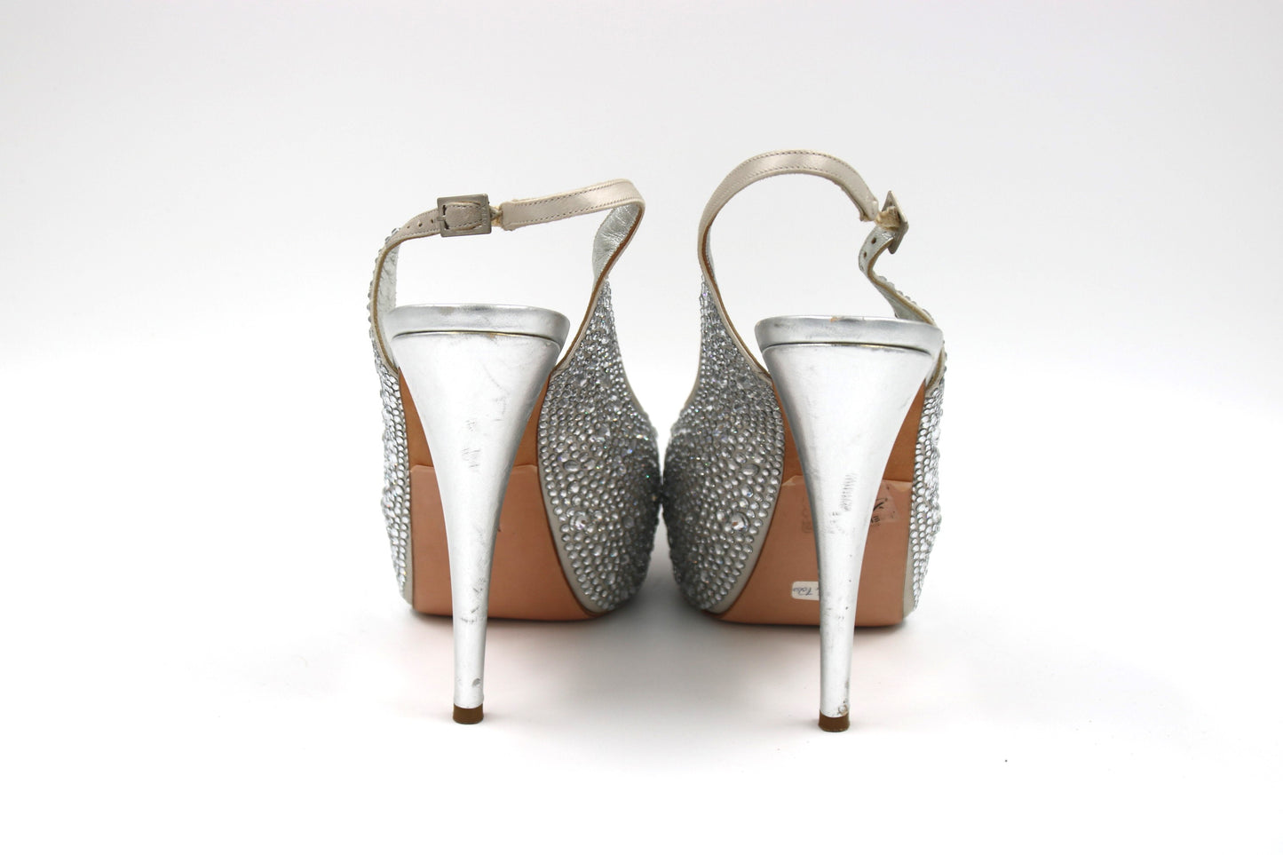GINA Silver Satin Crystal Embellished Peep Toe Platform Slingback Sandals Size 7 UK