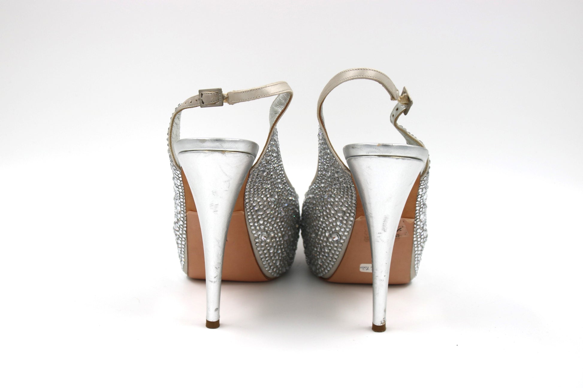 GINA Silver Satin Crystal Embellished Peep Toe Platform Slingback Sandals Size 7 UK