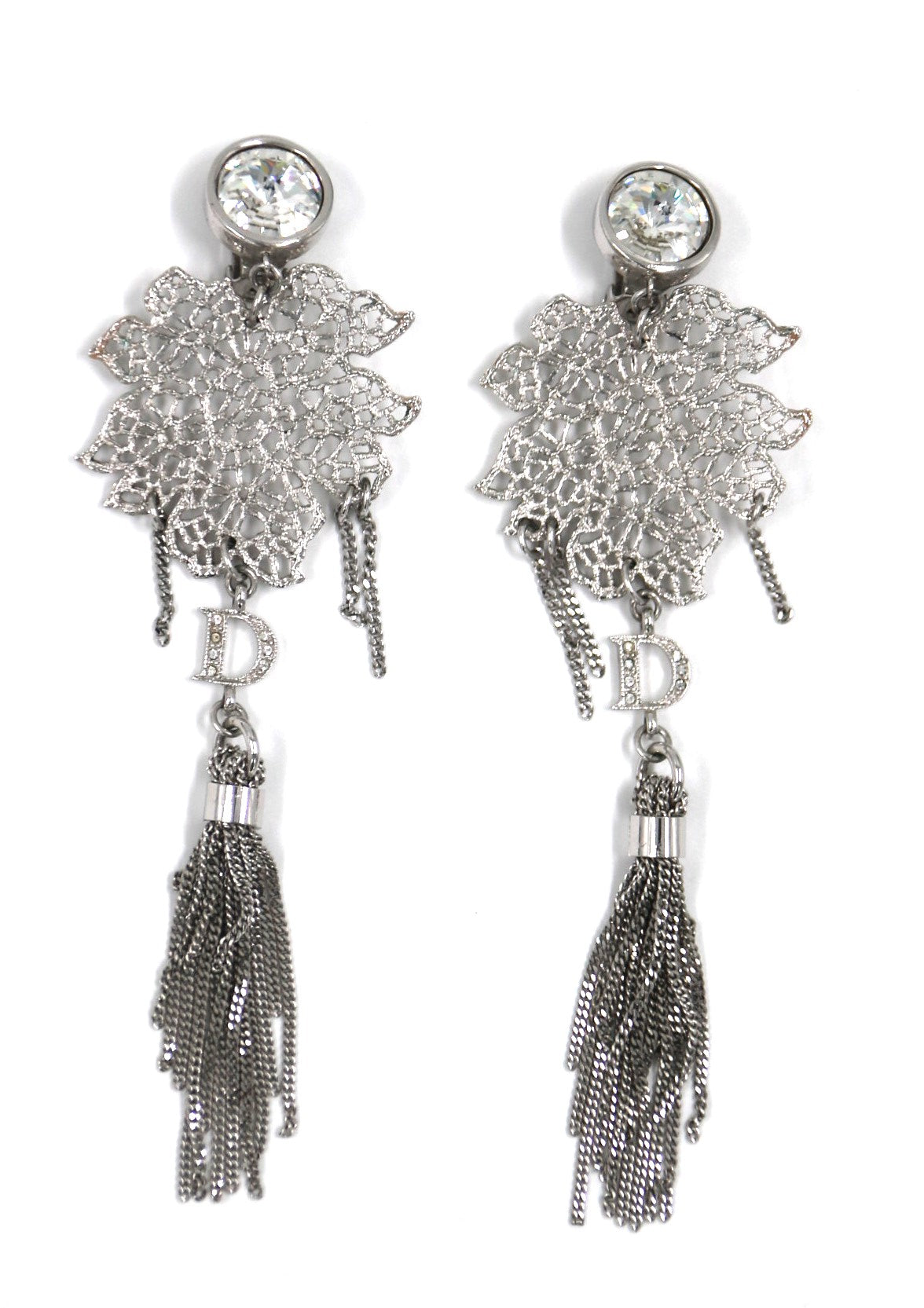 DIOR Silver Filigree Tassel Clips Earrings with Large White Stone and D Letter