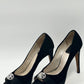 CHRISTIAN DIOR Black Velvet Peep Toe Heels with Oval Crystal Brooch - Size IT 39