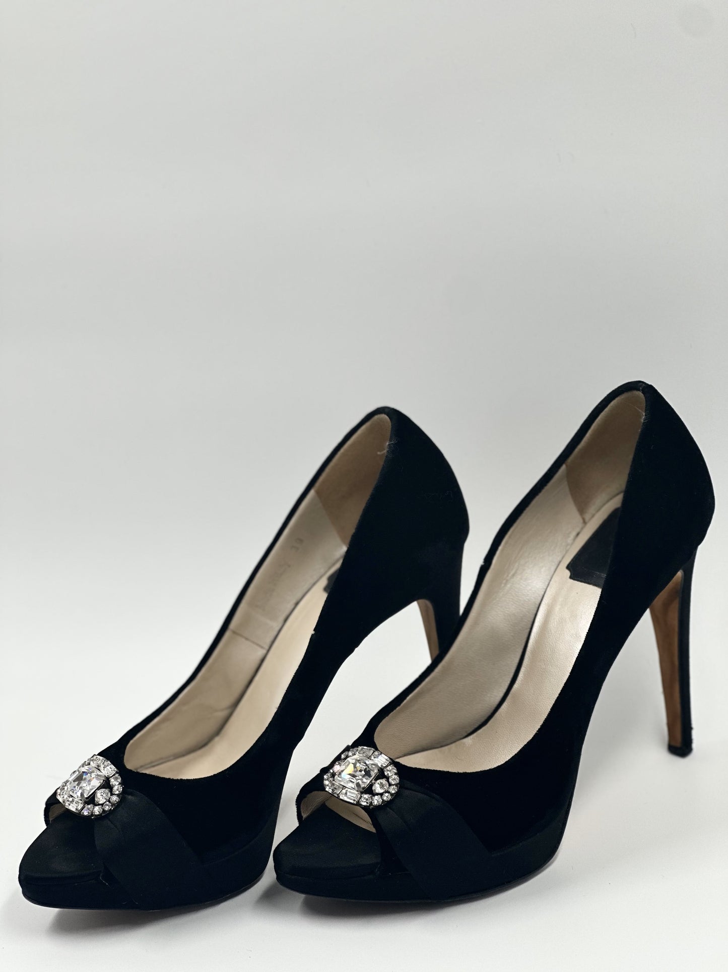 CHRISTIAN DIOR Black Velvet Peep Toe Heels with Oval Crystal Brooch - Size IT 39