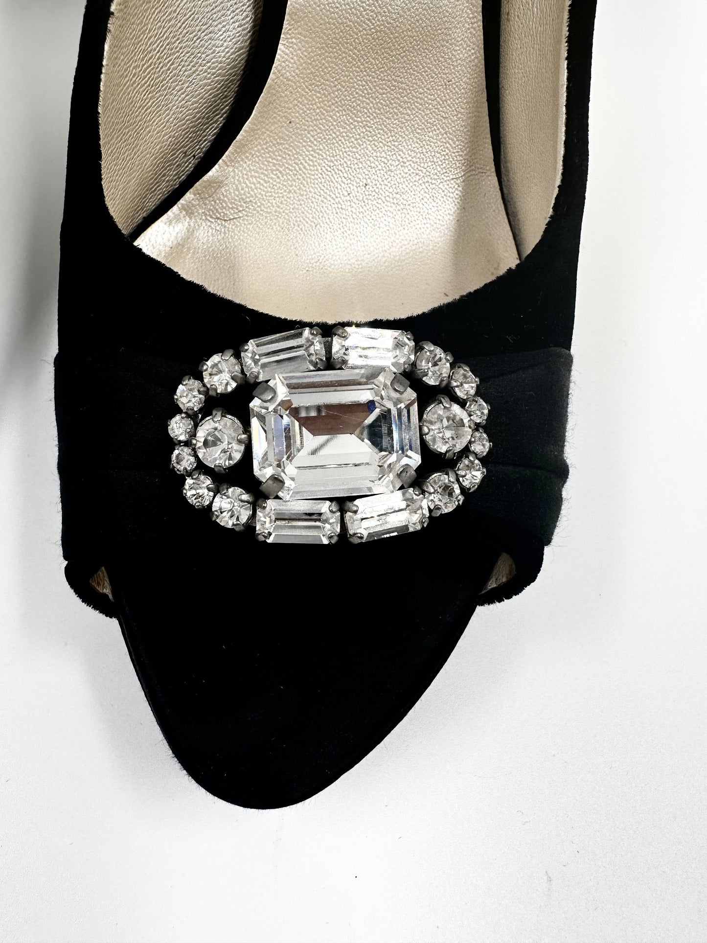 CHRISTIAN DIOR Black Velvet Peep Toe Heels with Oval Crystal Brooch