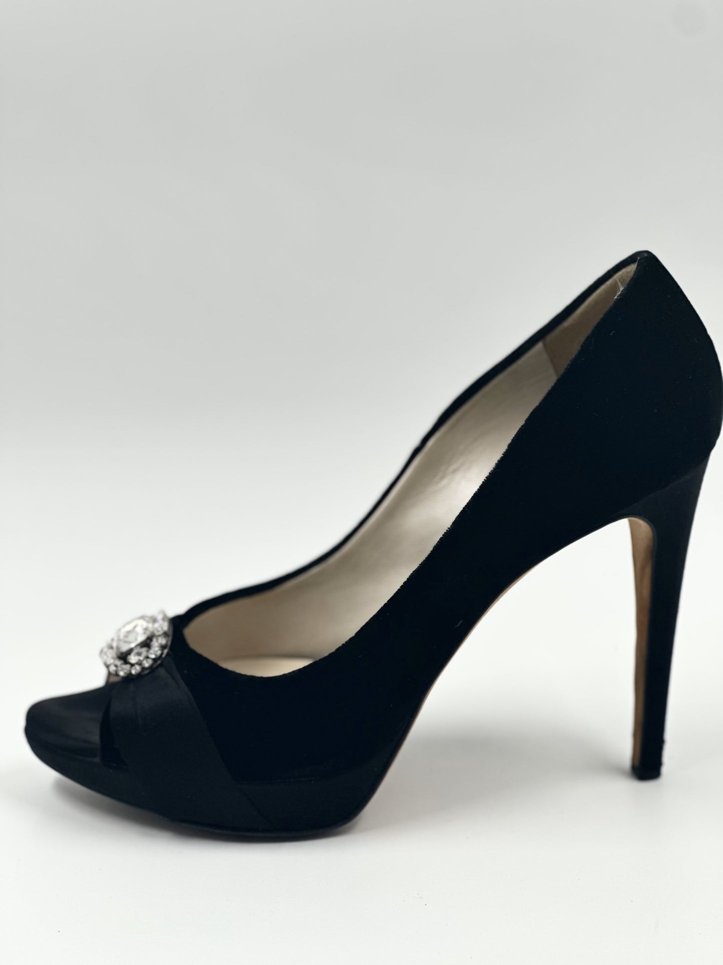 CHRISTIAN DIOR Black Velvet Peep Toe Heels with Oval Crystal Brooch - Size IT 39