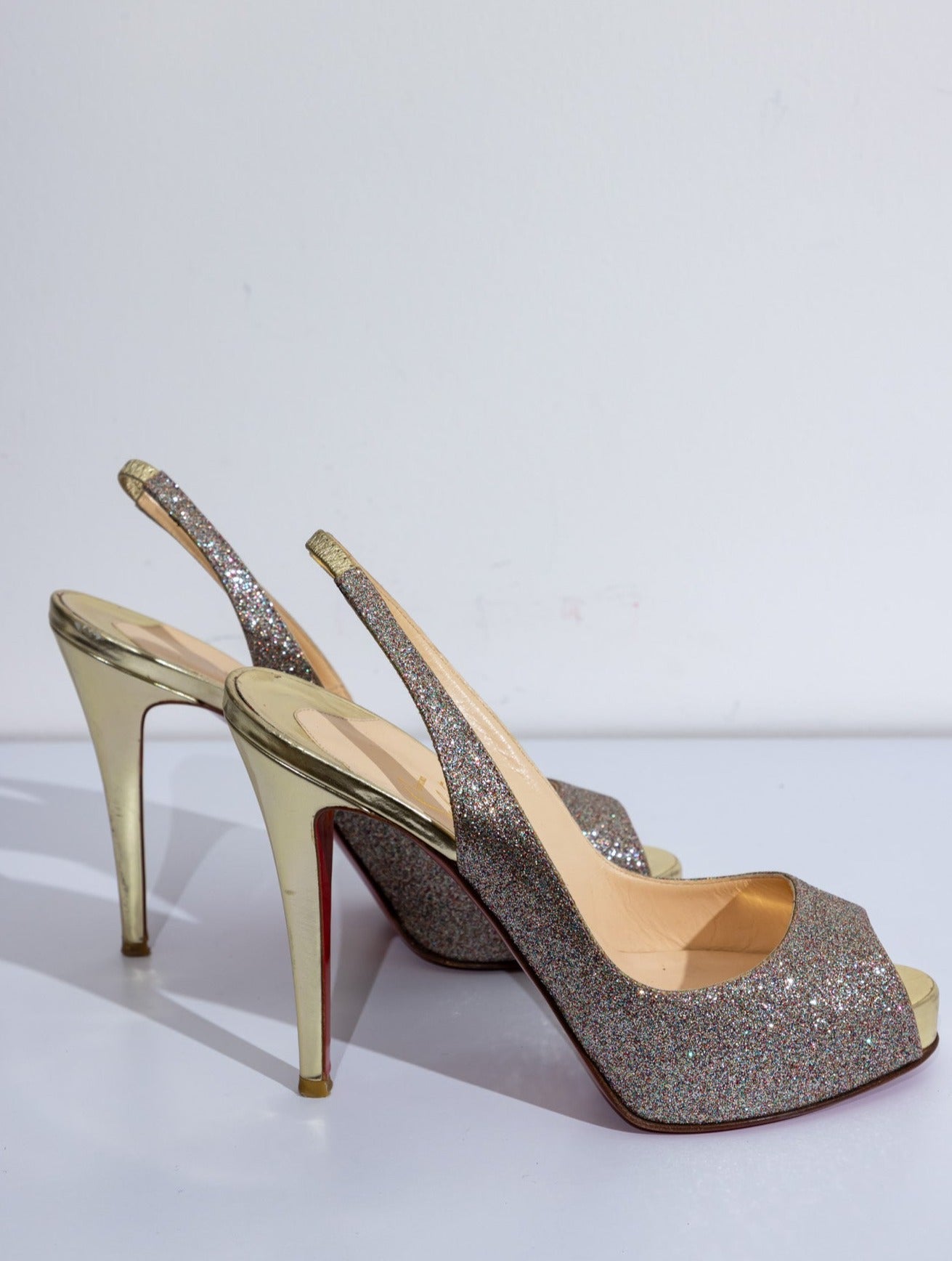 CHRISTIAN LOUBOUTIN Glitter Slingback Platform Heels Shoes.