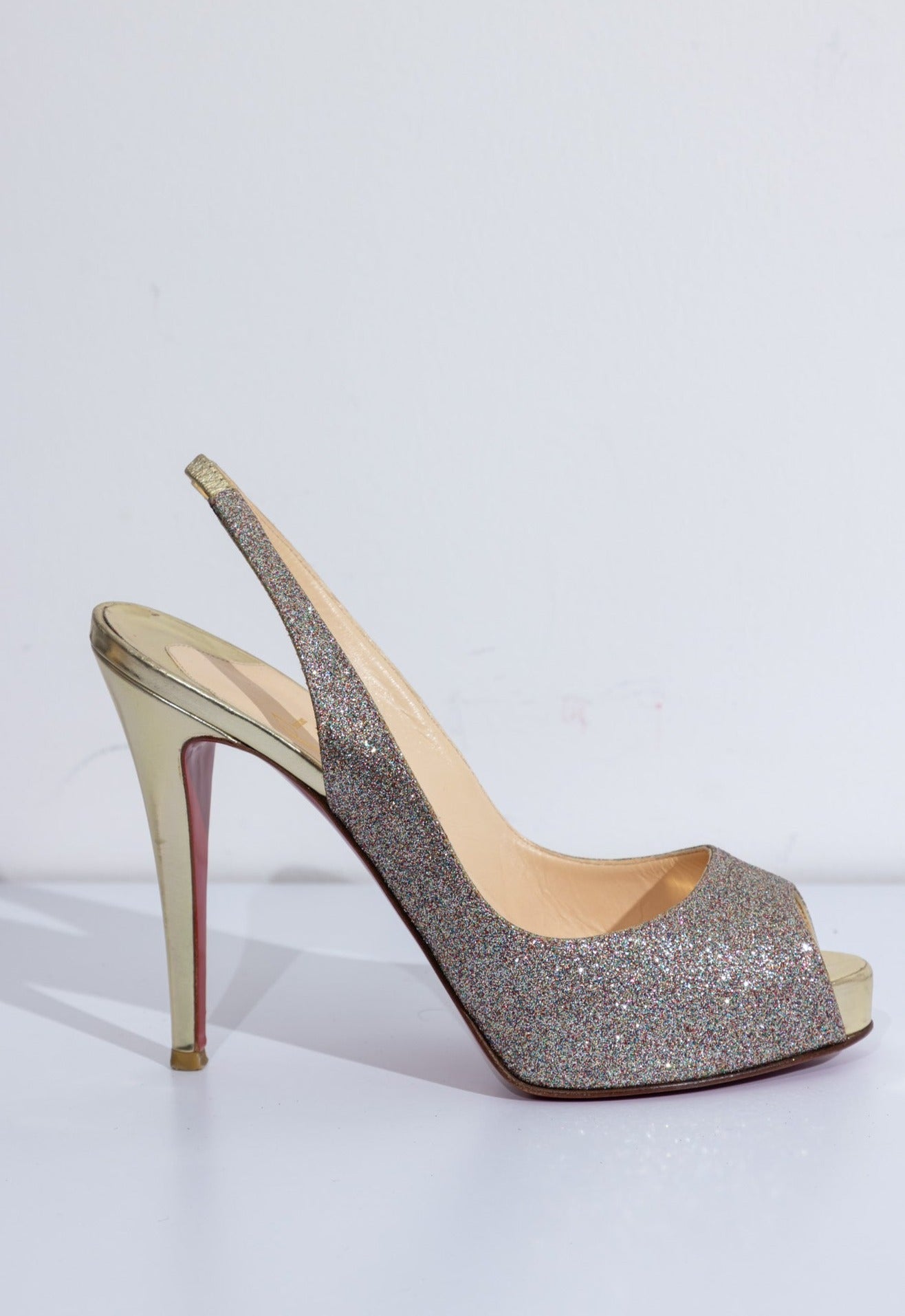 CHRISTIAN LOUBOUTIN Glitter Slingback Platform Heels Shoes.