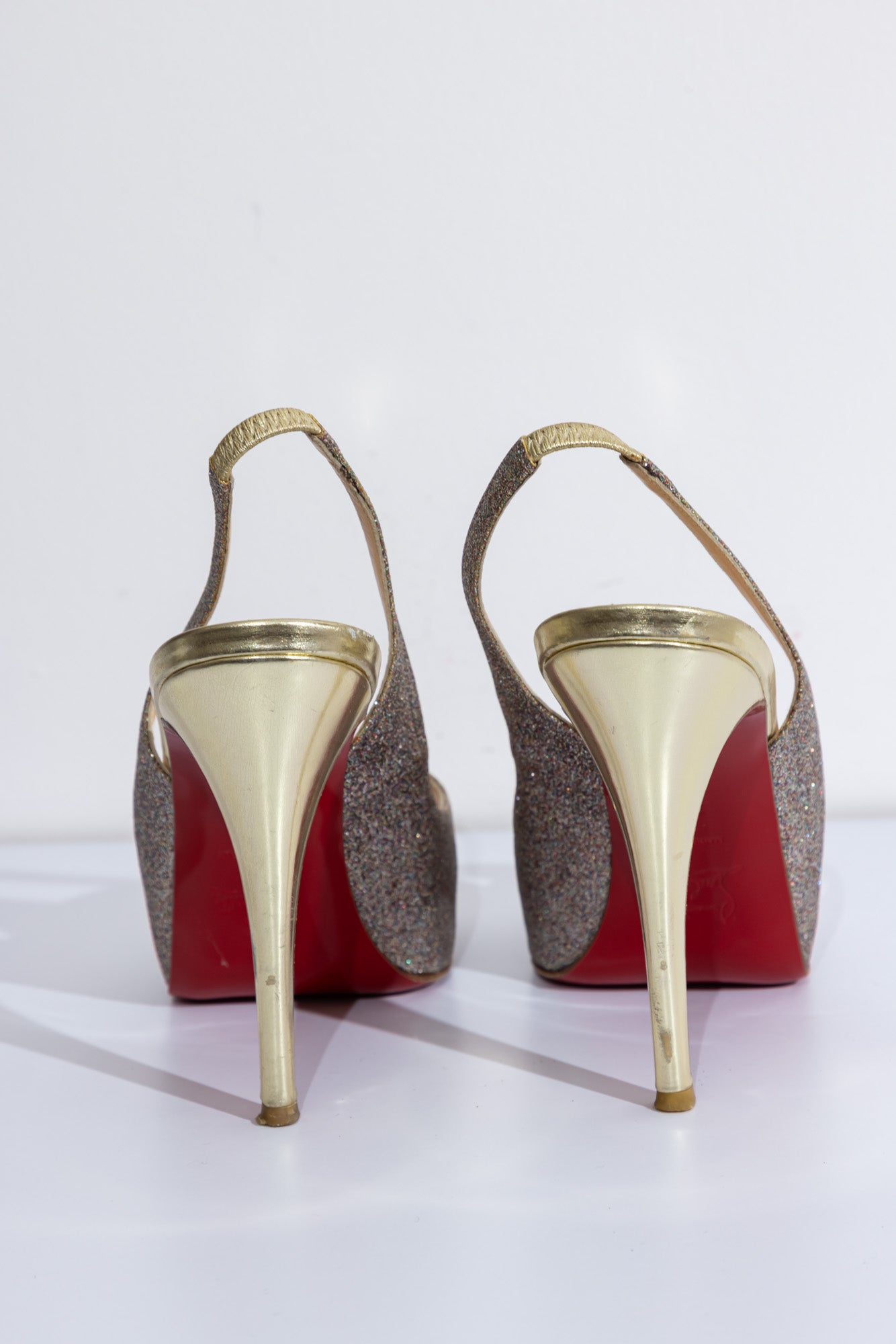 CHRISTIAN LOUBOUTIN Glitter Sling-back Platform Heels Shoes | Size IT 38 | Good Condition with Minor Defect | Made in Italy