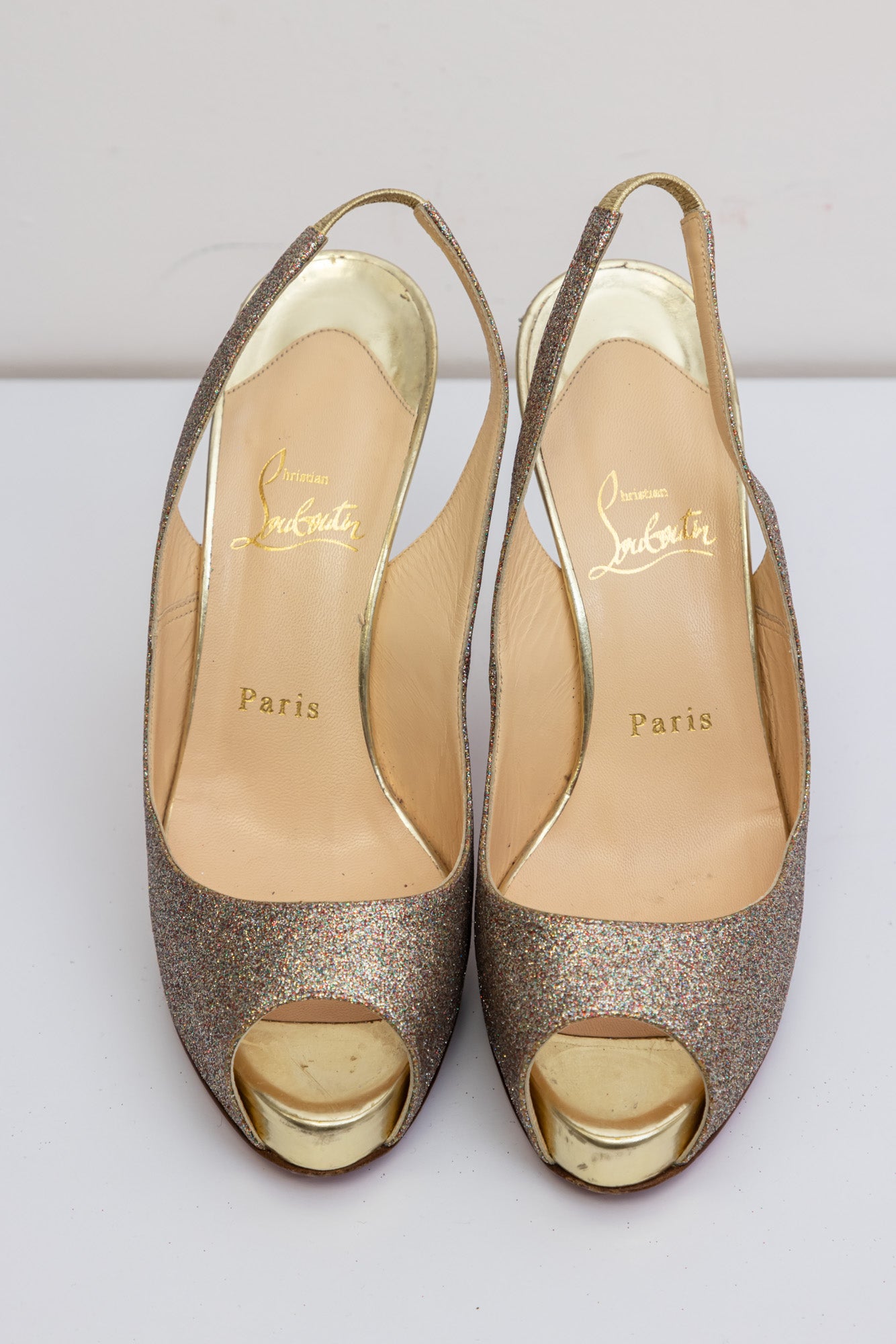 CHRISTIAN LOUBOUTIN Glitter Slingback Platform Heels Shoes.