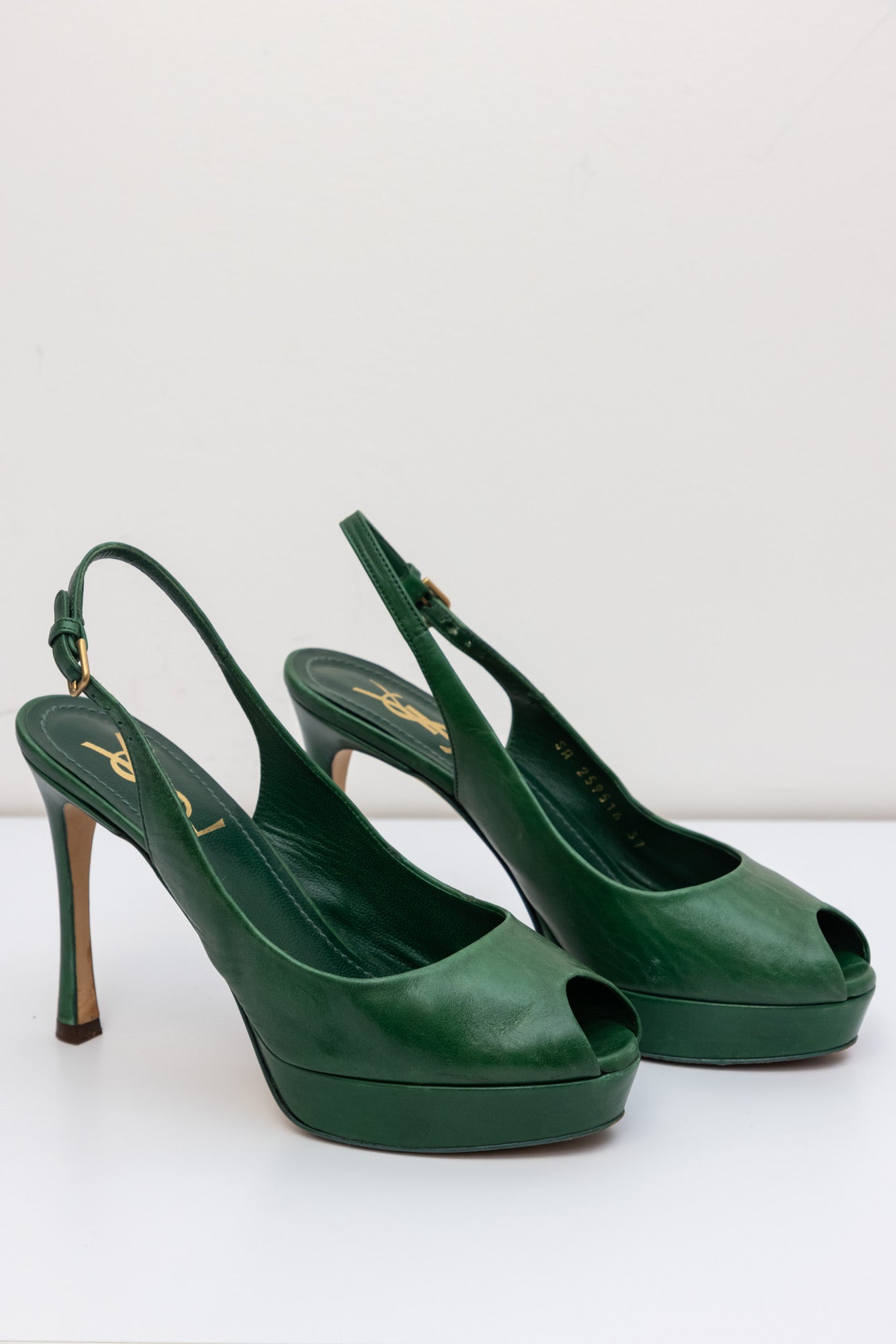 YVES SAINT LAURENT Green Leather Sling-back Pumps Heels | Size IT 37 | Made in Italy