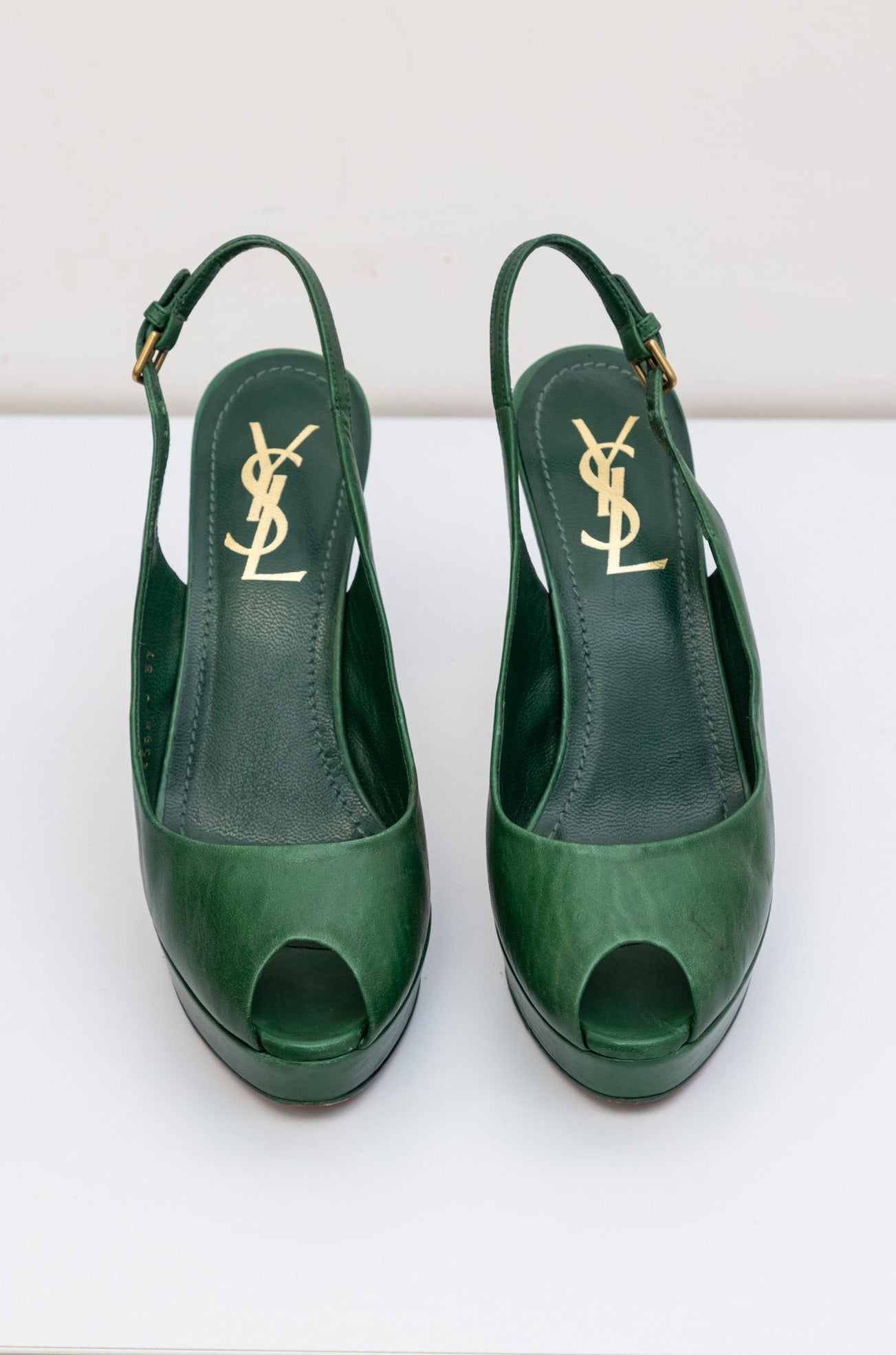YVES SAINT LAURENT Green Leather Slingback Pumps Heels Shoes