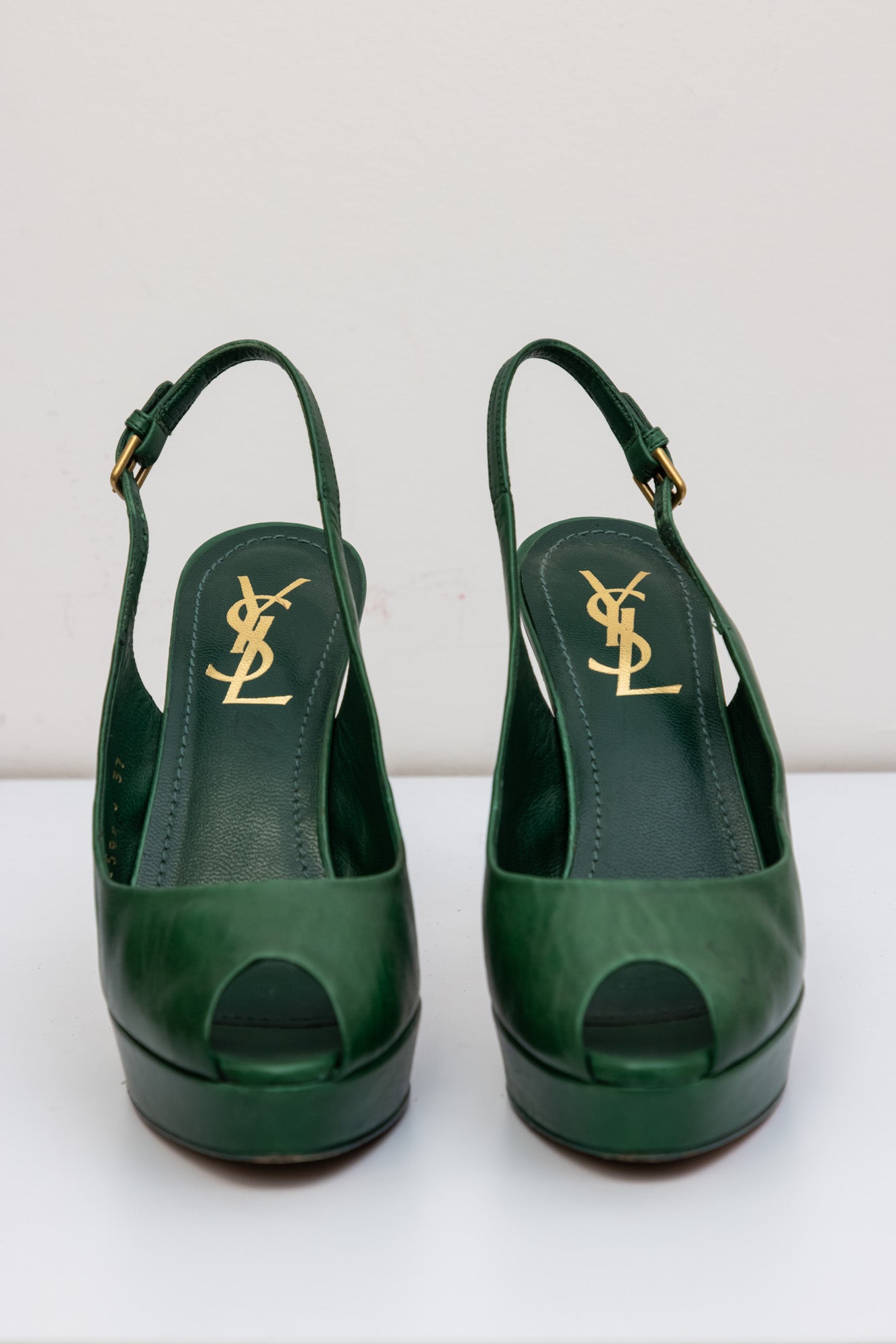 YVES SAINT LAURENT Green Leather Slingback Pumps Heels Shoes