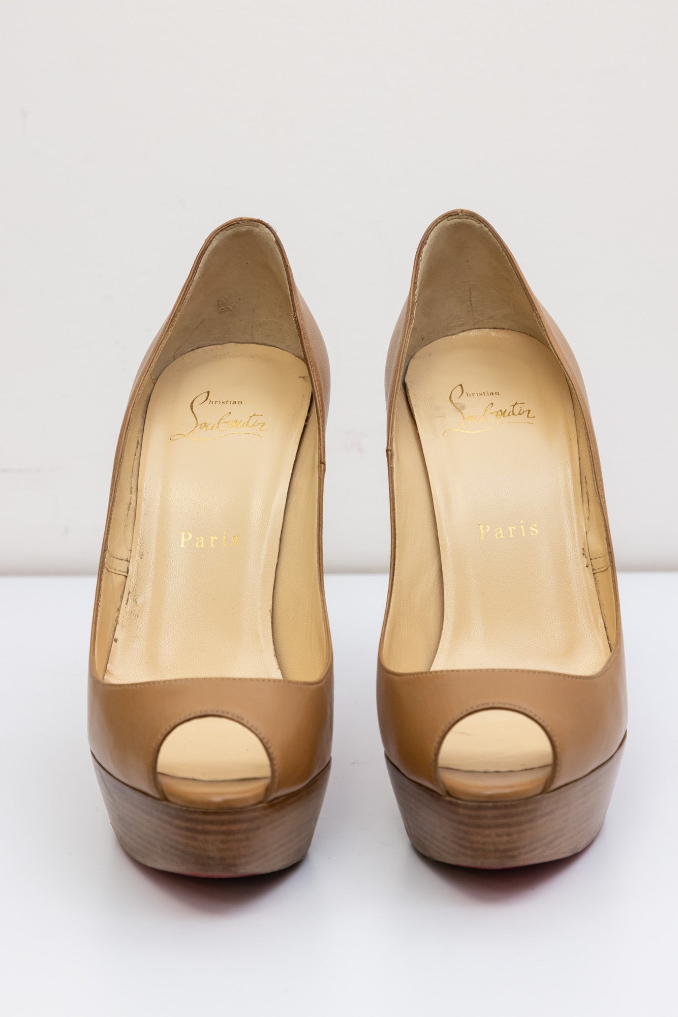 CHRISTIAN LOUBOUTIN Tan Leather Wooden Heel Open Toe Red Bottom Platform Pumps - Size IT 37.5 - Very Good Condition - Made in Italy