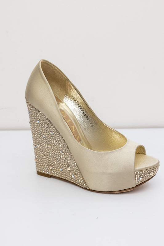 Gina Beige Satin Crystal Embellished Wedge Peep-Toe Pumps | UK 4.5