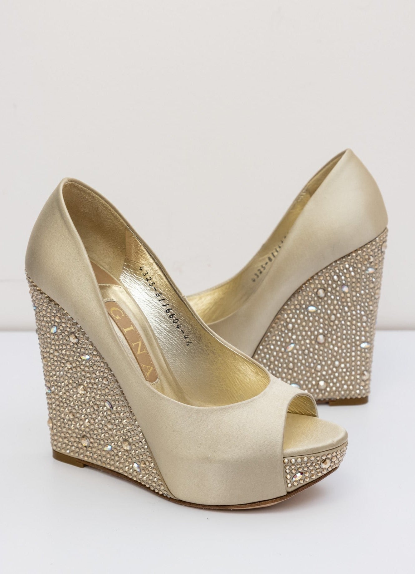 Gina Beige Satin Crystal Embellished Wedge Peep-Toe Pumps | UK 4.5