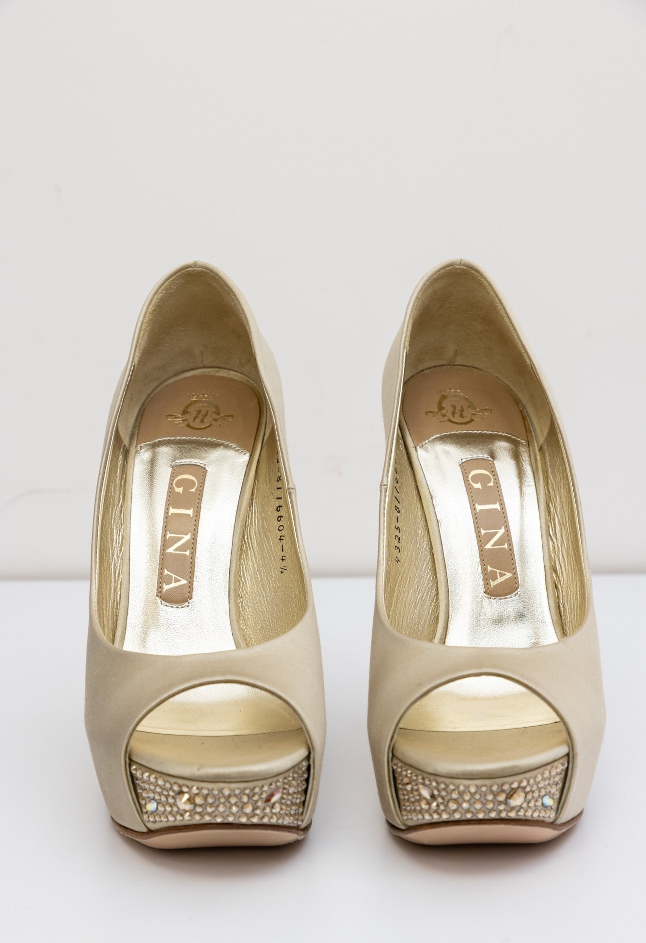 Gina Beige Satin Crystal Embellished Wedge Peep-Toe Pumps | UK 4.5
