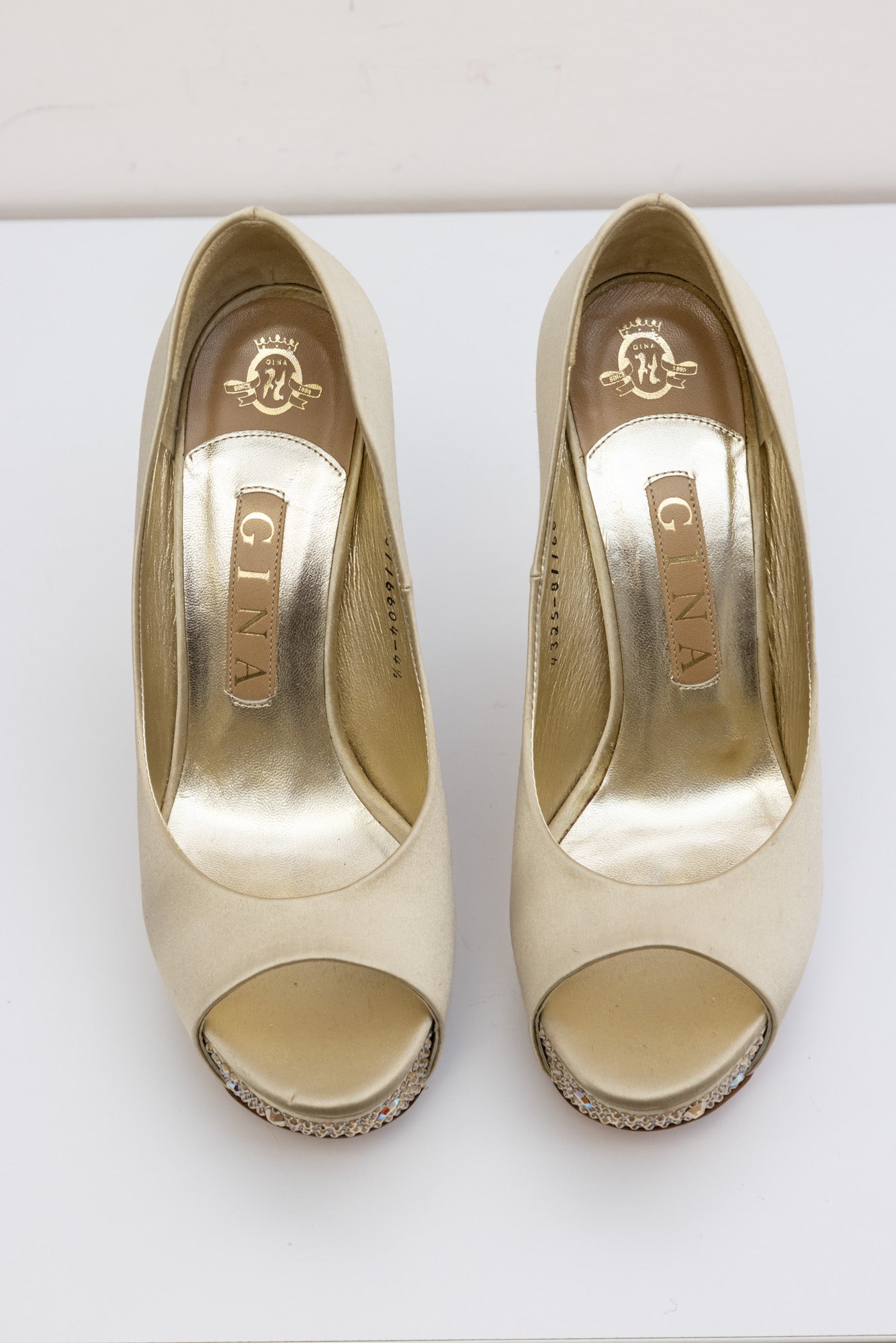 Gina Beige Satin Crystal Embellished Wedge Peep-Toe Pumps | UK 4.5