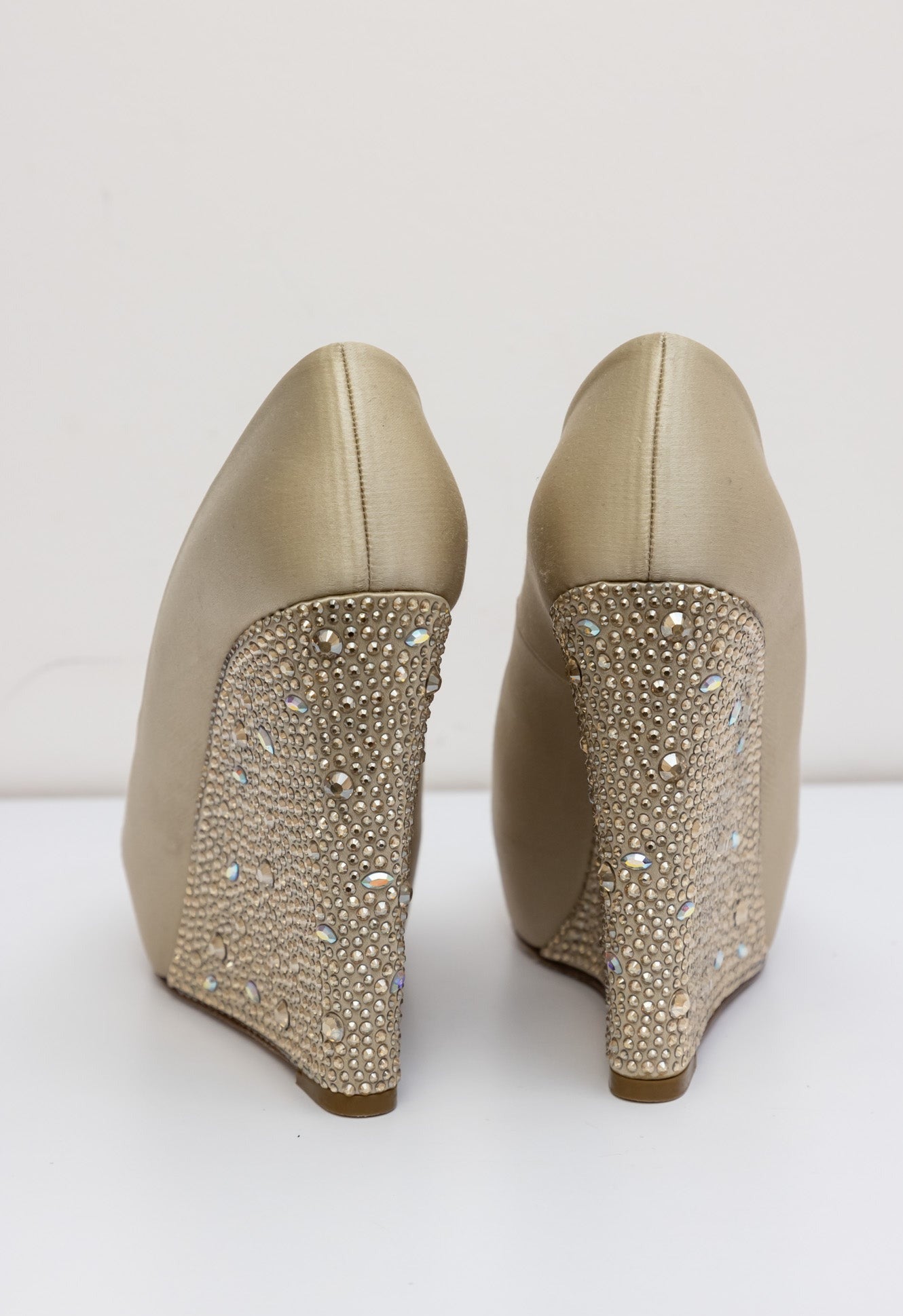 Gina Beige Satin Crystal Embellished Wedge Peep-Toe Pumps