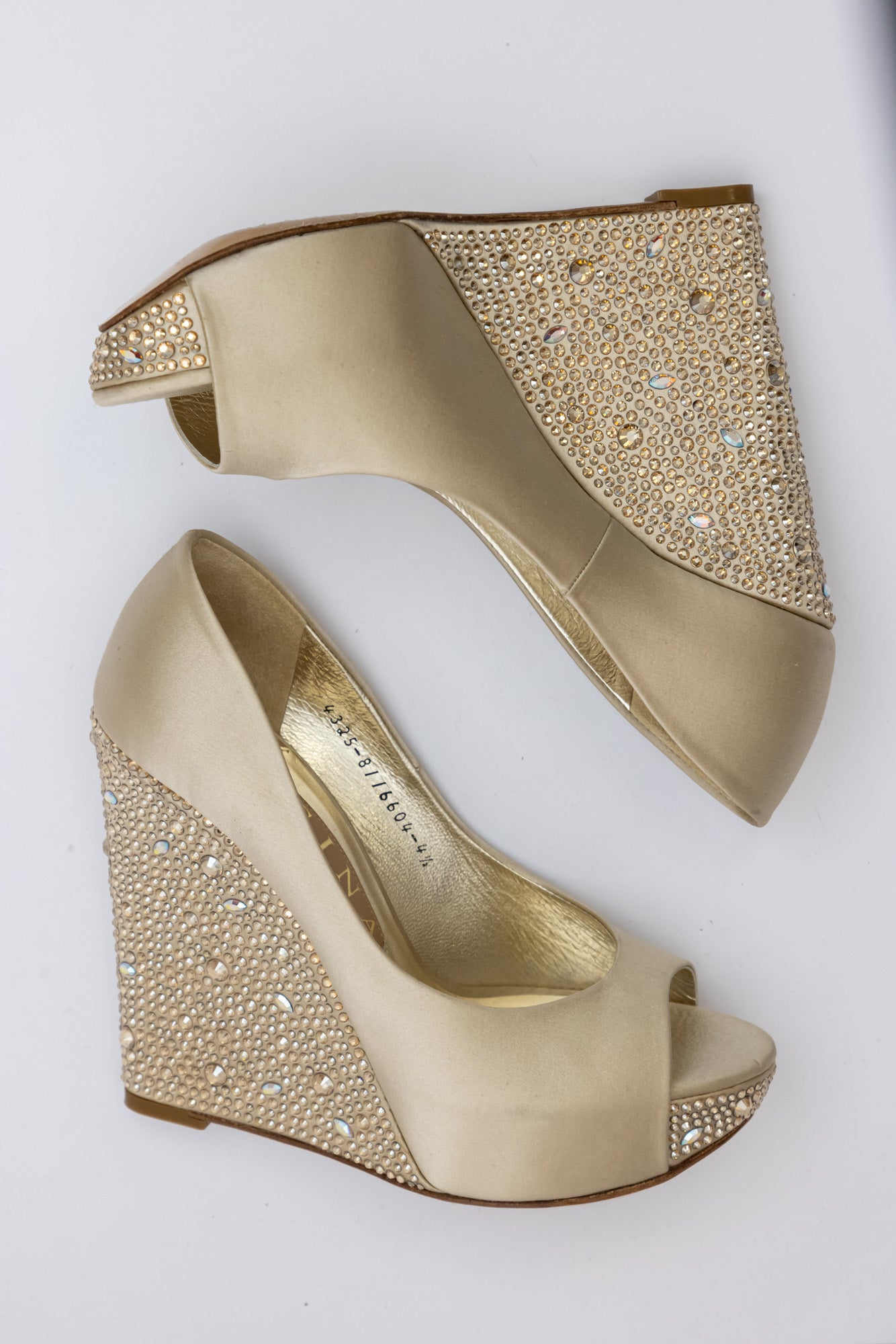 Gina Beige Satin Crystal Embellished Wedge Peep-Toe Pumps | UK 4.5