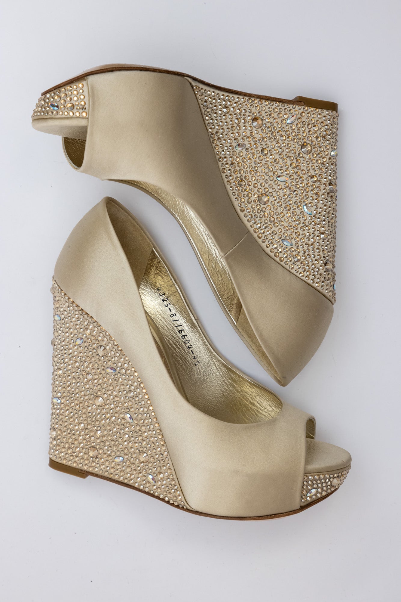 Gina Beige Satin Crystal Embellished Wedge Peep-Toe Pumps
