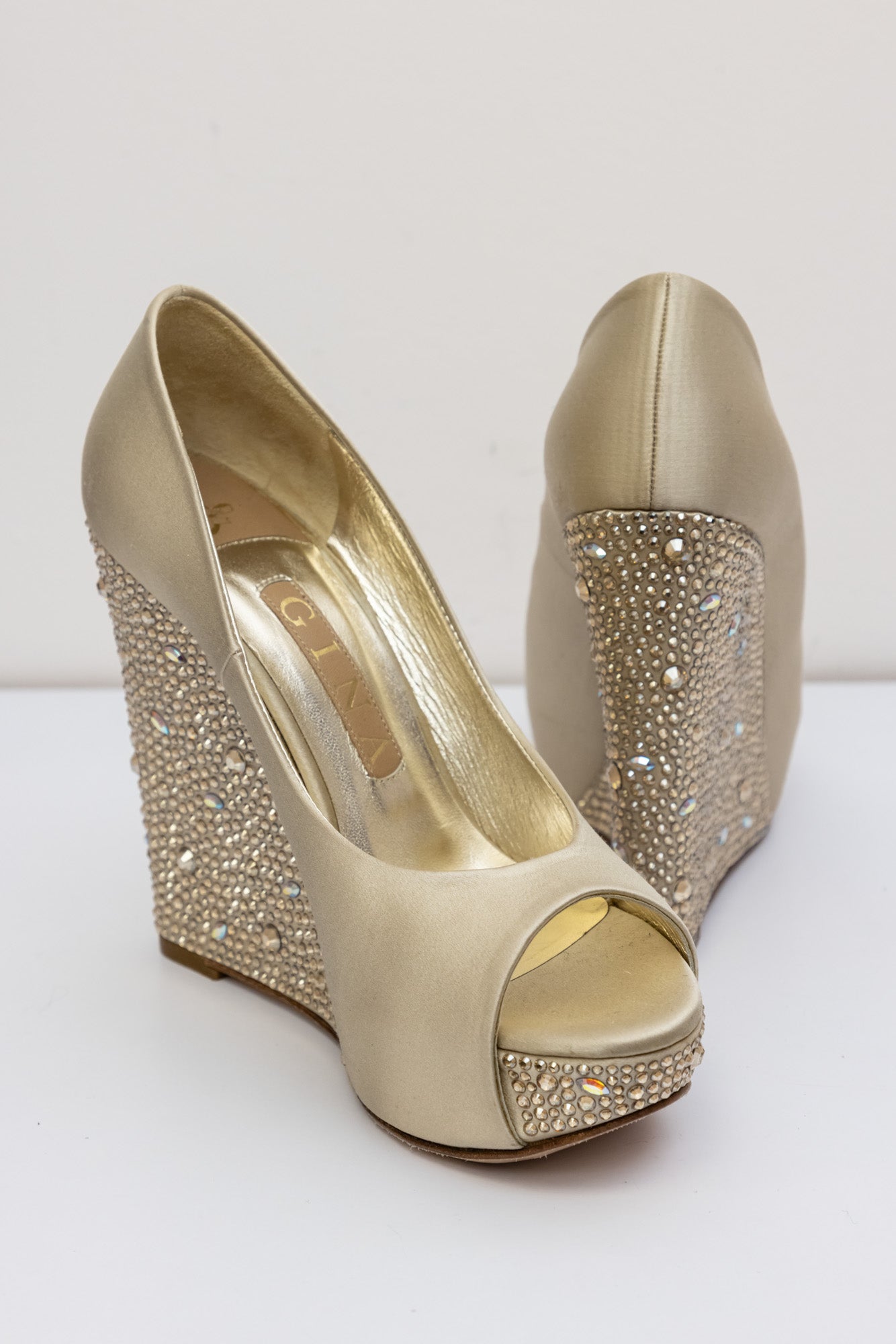 Gina Beige Satin Crystal Embellished Wedge Peep-Toe Pumps | UK 4.5