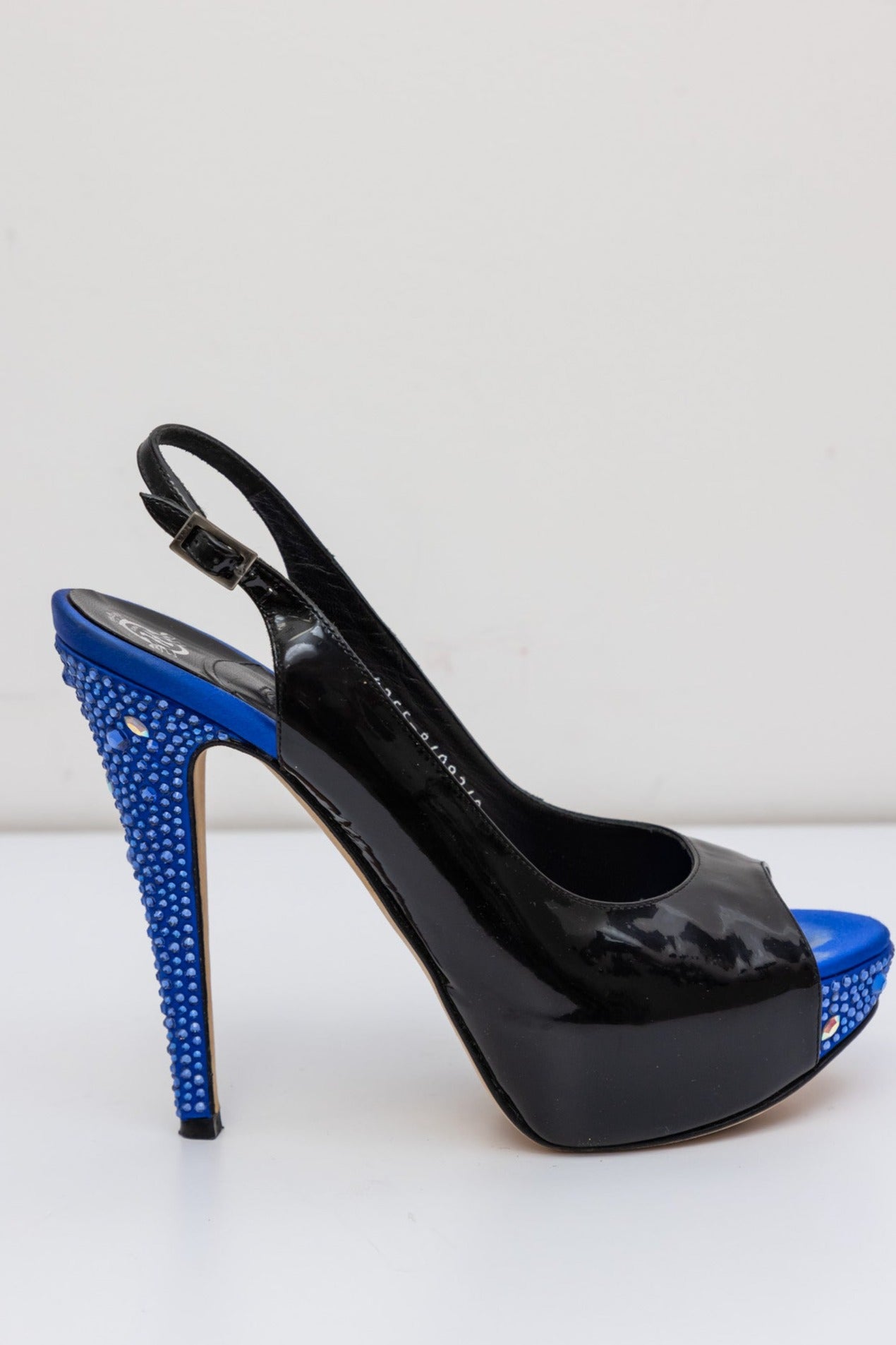 GINA Patent Leather Peep Toe Slingback Heel Sandals with Blue Crystals | Size UK 5.5 | Made in England