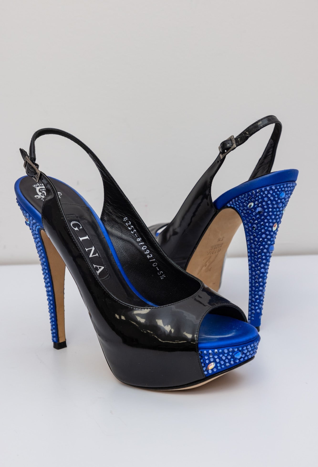 GINA Patent Leather Peep Toe Slingback Heel Sandals with Blue Crystals | Size UK 5.5 | Made in England