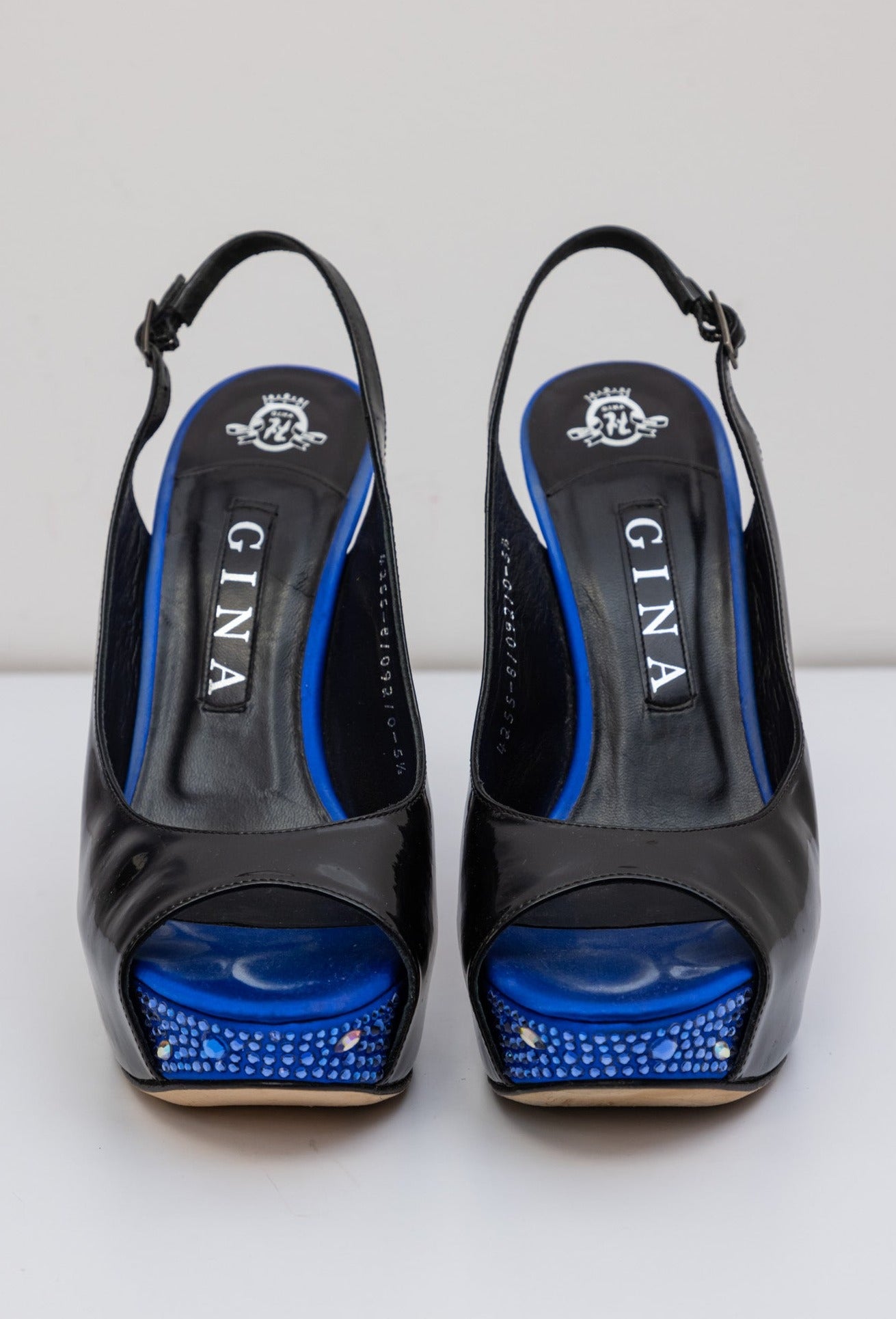 GINA Patent Leather Peep Toe Slingback Heels Sandals with Blue Crystals