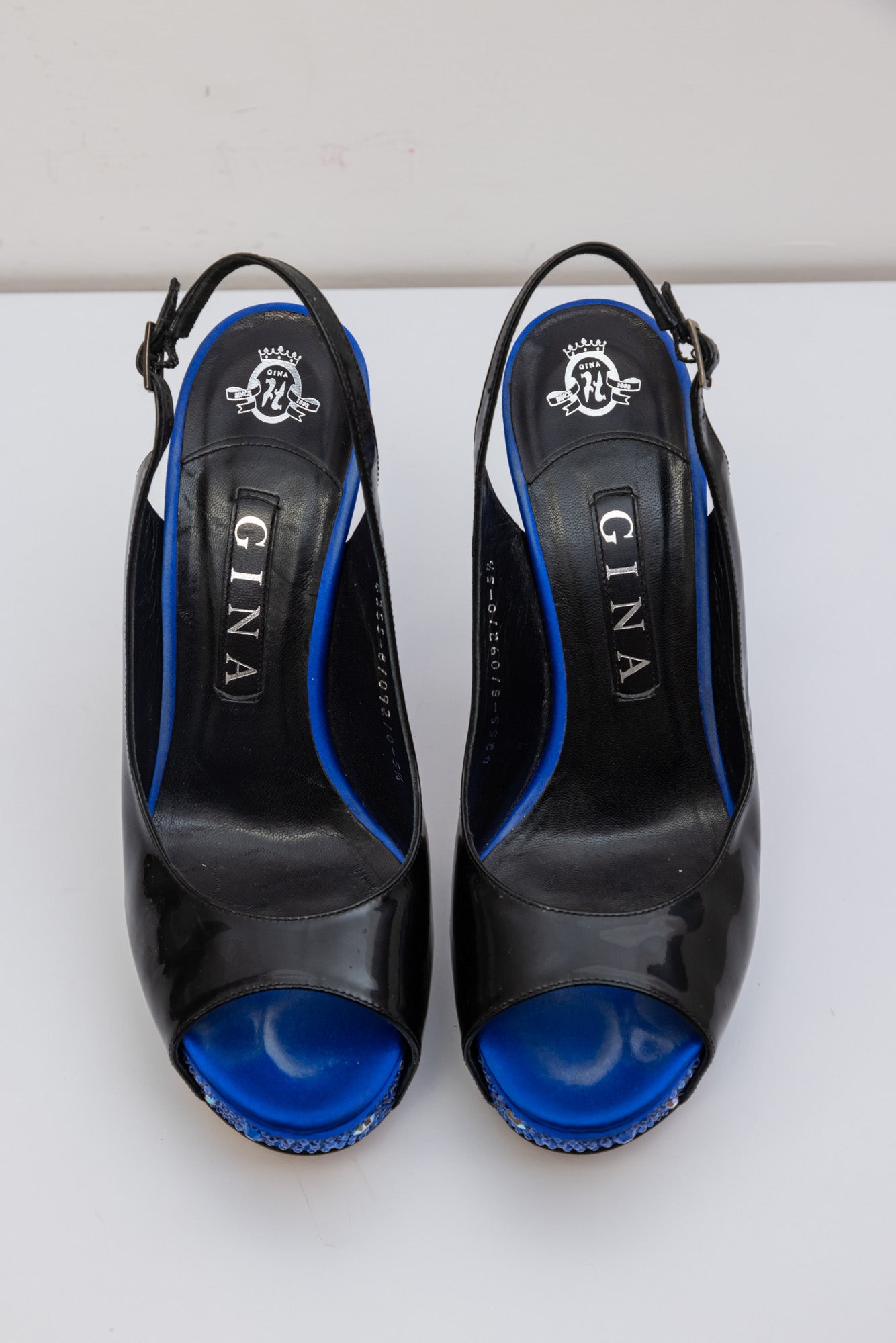 GINA Patent Leather Peep Toe Slingback Heels Sandals with Blue Crystals