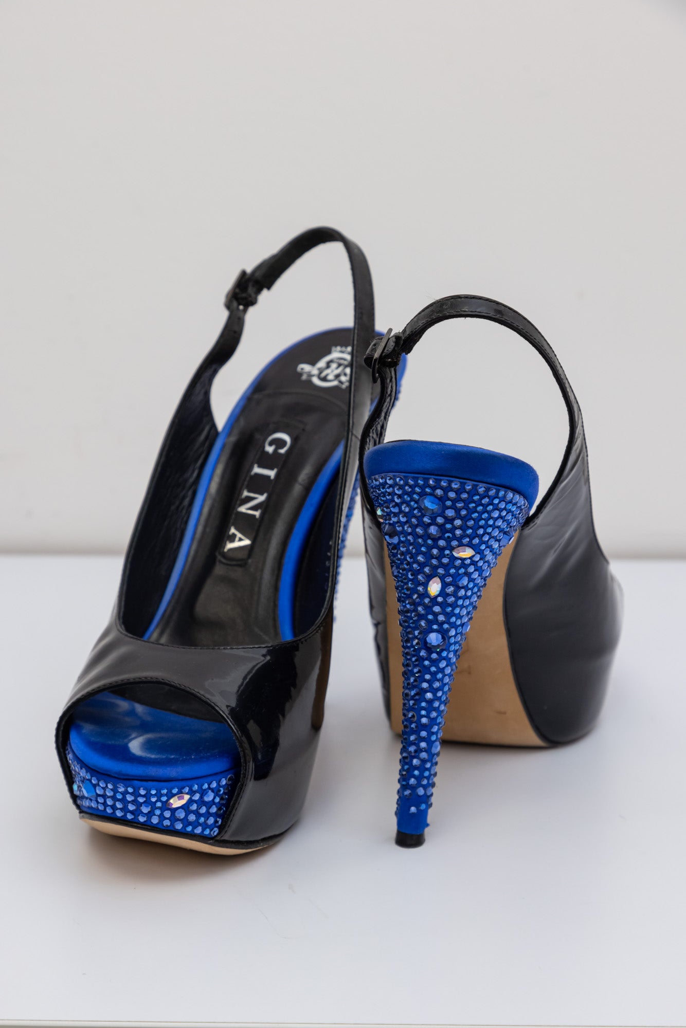 GINA Patent Leather Peep Toe Slingback Heels Sandals with Blue Crystals