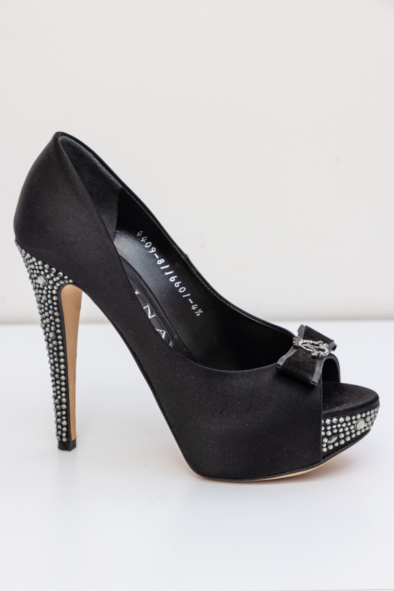 GINA Black Satin Crystal Embellished Peep Toe Platform Pumps | UK 4.5 | Made in England