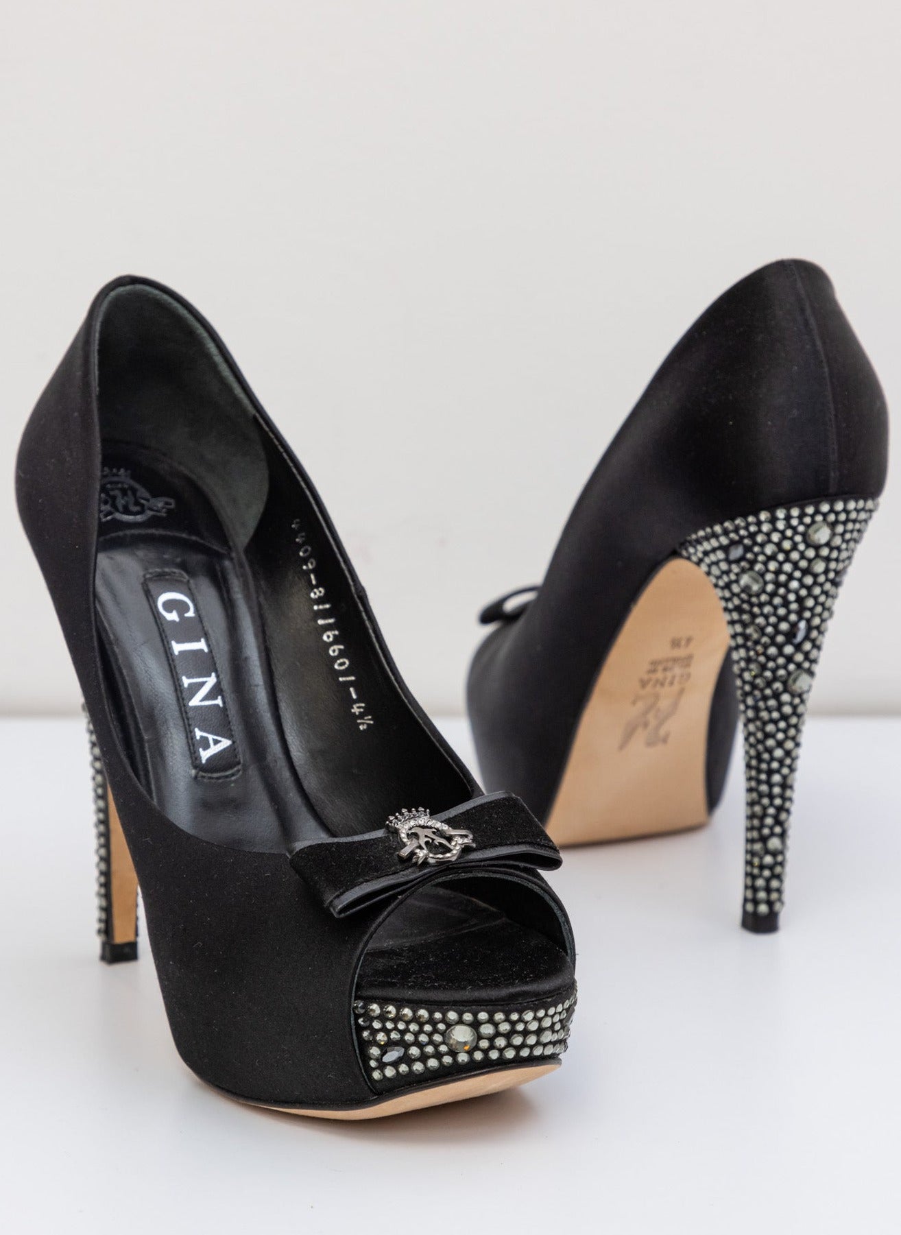 GINA Black Satin Crystal Embellished Peep Toe Platform Pumps | UK 4.5 | Made in England
