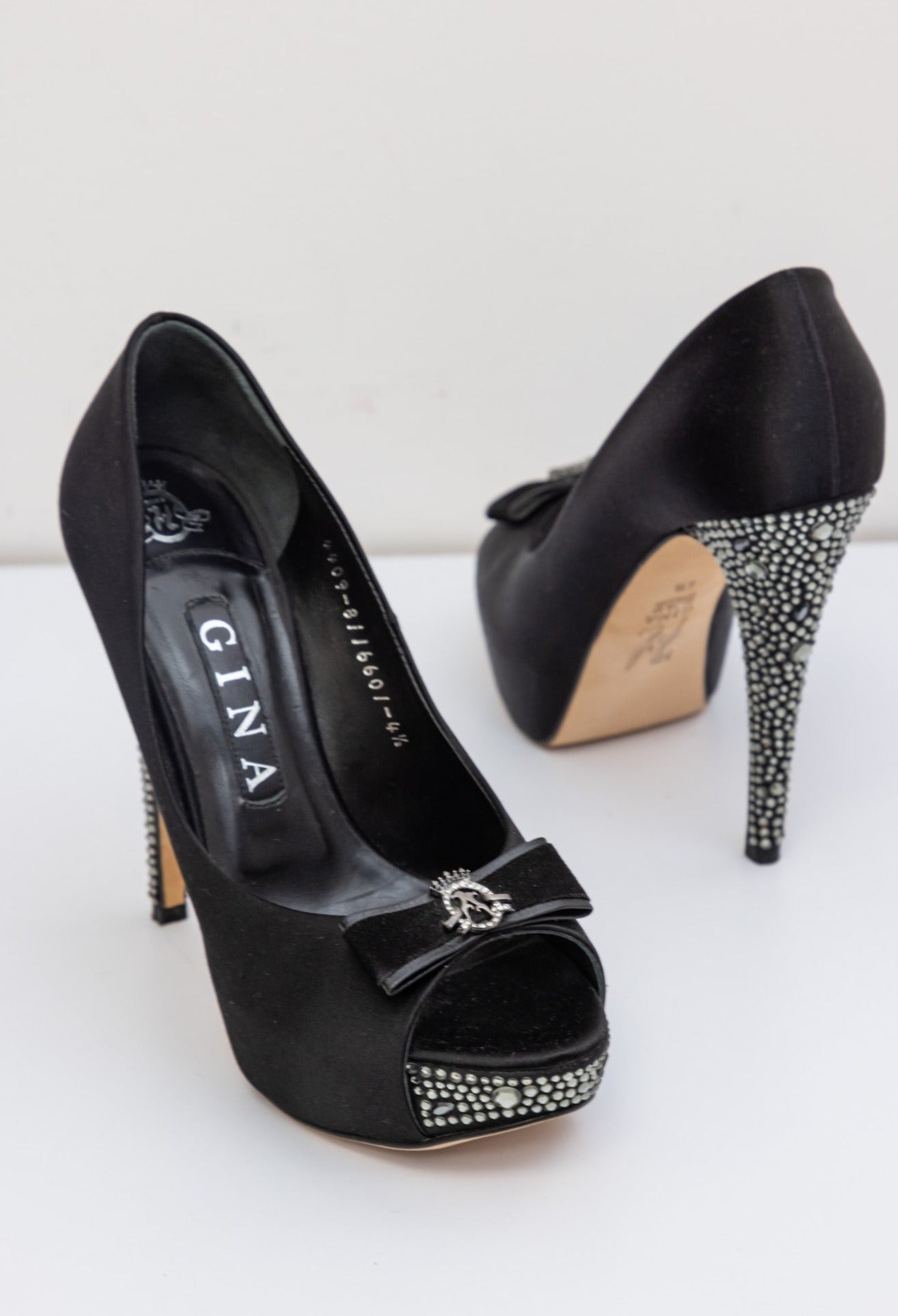 GINA Black Satin Crystal Embellished Peep Toe Platform Pumps