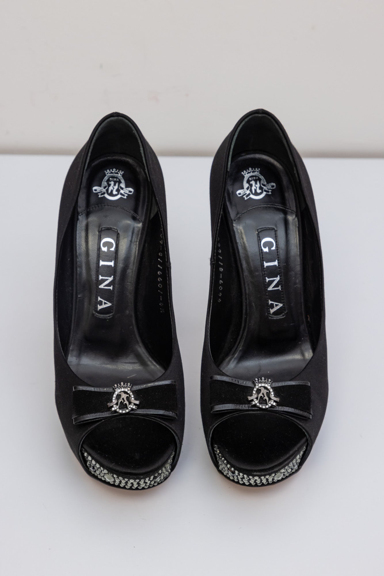 GINA Black Satin Crystal Embellished Peep Toe Platform Pumps