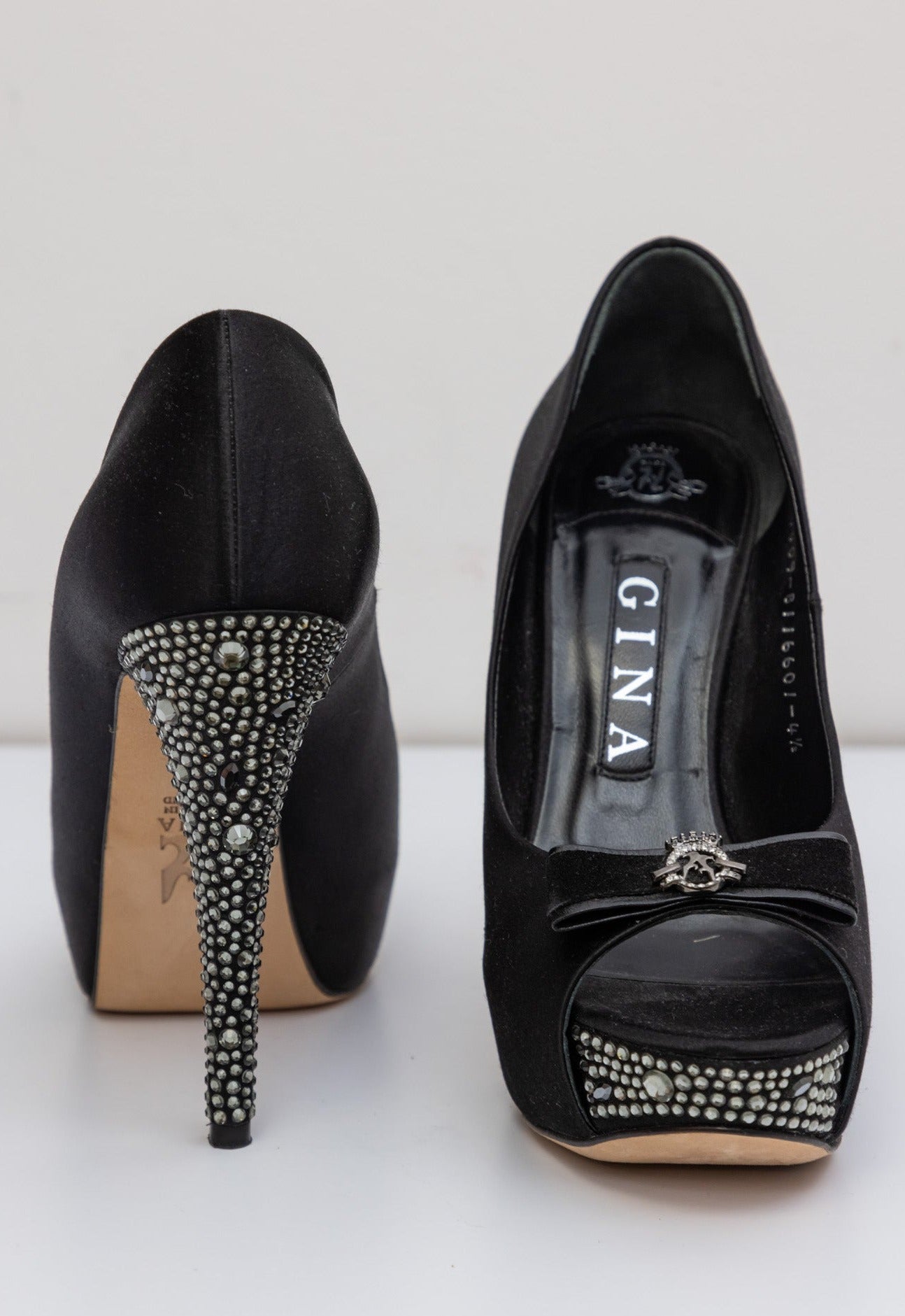 GINA Black Satin Crystal Embellished Peep Toe Platform Pumps