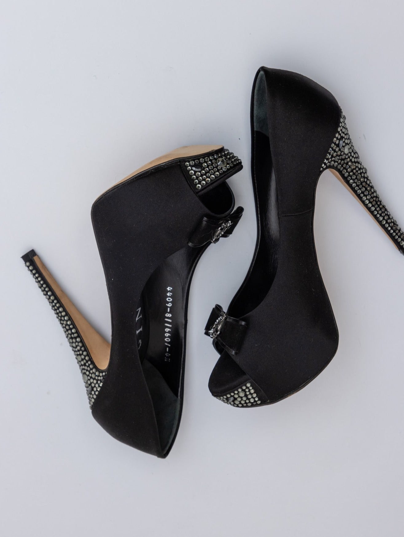 GINA Black Satin Crystal Embellished Peep Toe Platform Pumps