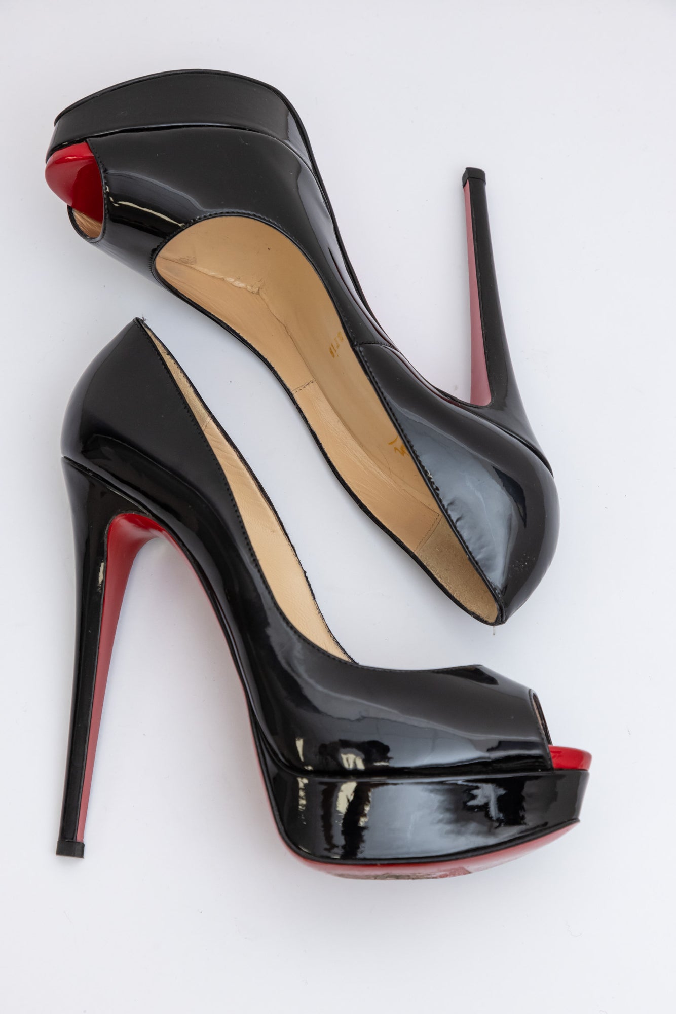 CHRISTIAN LOUBOUTIN Black Patent Leather Platform Red Bottom Heel Open-Toed | Size IT 37.5 | Very Good Condition | Made in Italy