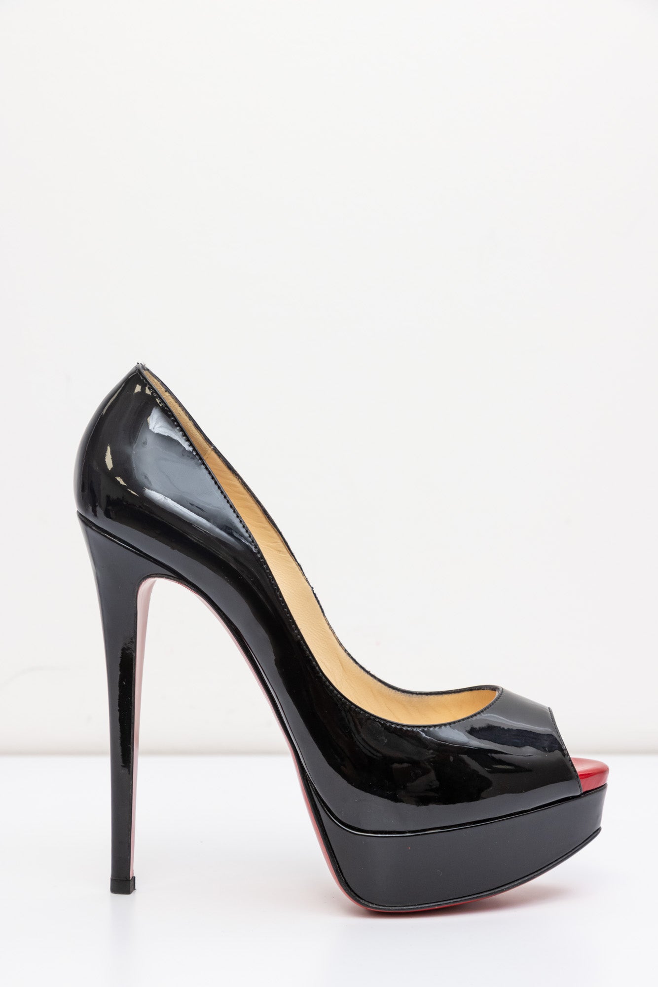 CHRISTIAN LOUBOUTIN Black Patent Leather Platform Red Bottom Heel Open-Toed | Size IT 37.5 | Very Good Condition | Made in Italy